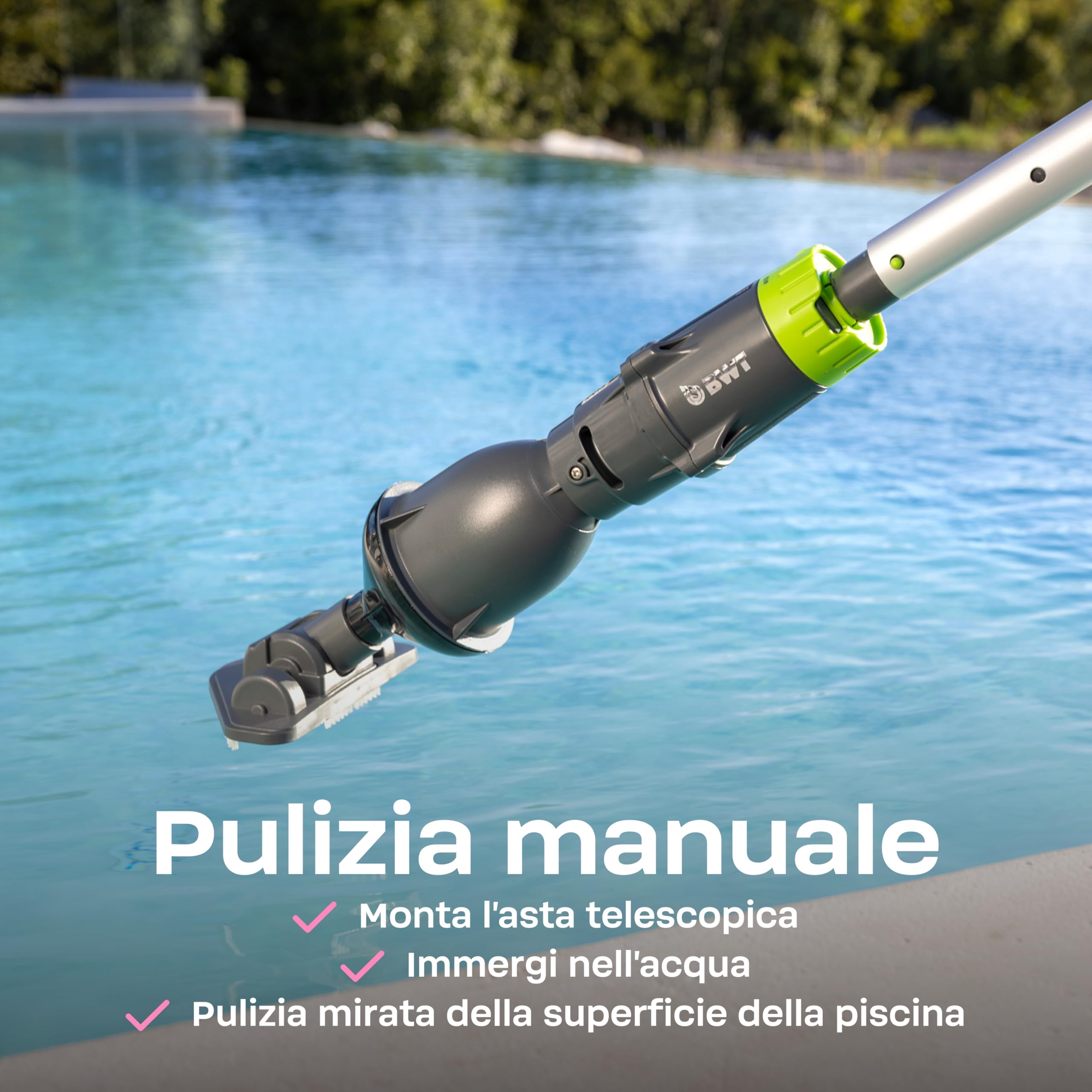 BWT Aspiratore Piscina ES02 [NUOVO 2026] | Pulitore a Batteria Senza Fili | 30min Autonomia | 2000 mAh | Per Piscine e Spa fino a 10000l | Ricarica USB | Aspirapolvere senza fili, 30 minuti di autonomia, 2000 mAh, per piscine idromassaggio fino a 10000 l,