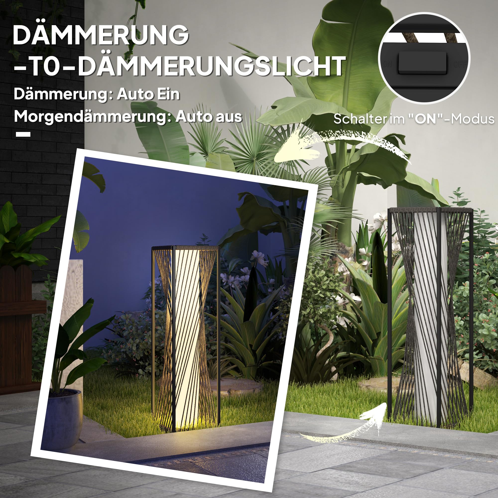 Outsunny Solar Stehlampe Rattan mit Lichtsensor 25 LEDs im Boho-Stil | IP44 Spritzwassergeschützt, Solarleuchte Solarlampe Outdoor Lampe, Akku Solarlaterne, für Garten Balkon Außen Rasen Hof