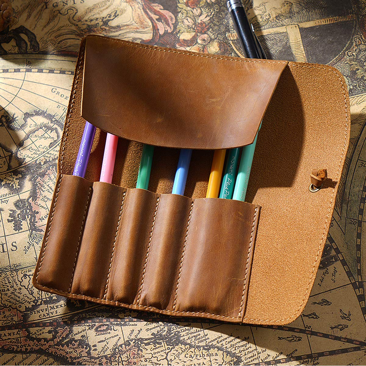 Enrollable Estuches Cuero Bolsa de Lápiz Impermeable Portátil Organizador Pencil Case para Hombre Mujer Estudiante Escuela Marrón