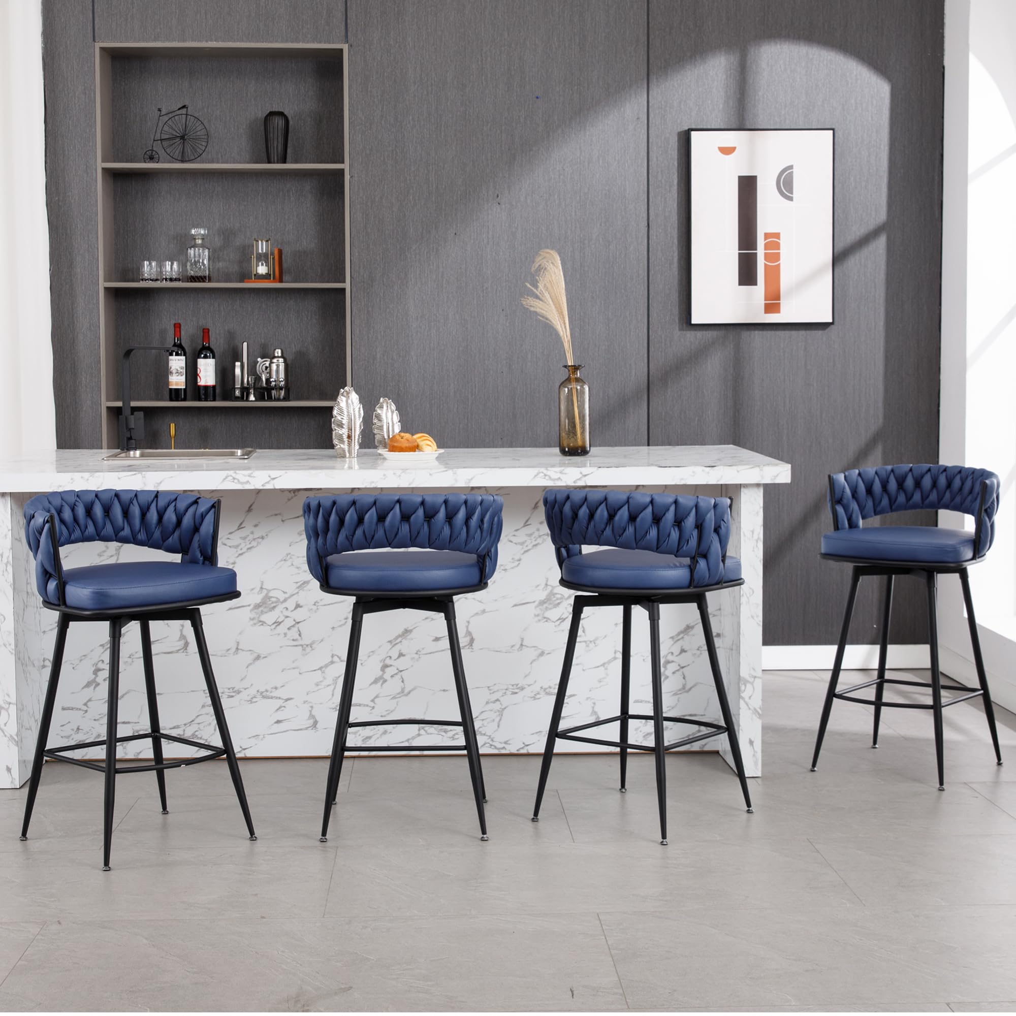 BFZ Counter Height Bar Stools Set of 4, Modern Faux Suede Barstools with Woven Back and Metal Leg, 180°Swivel Counter Stools 26" Seat Height Bar