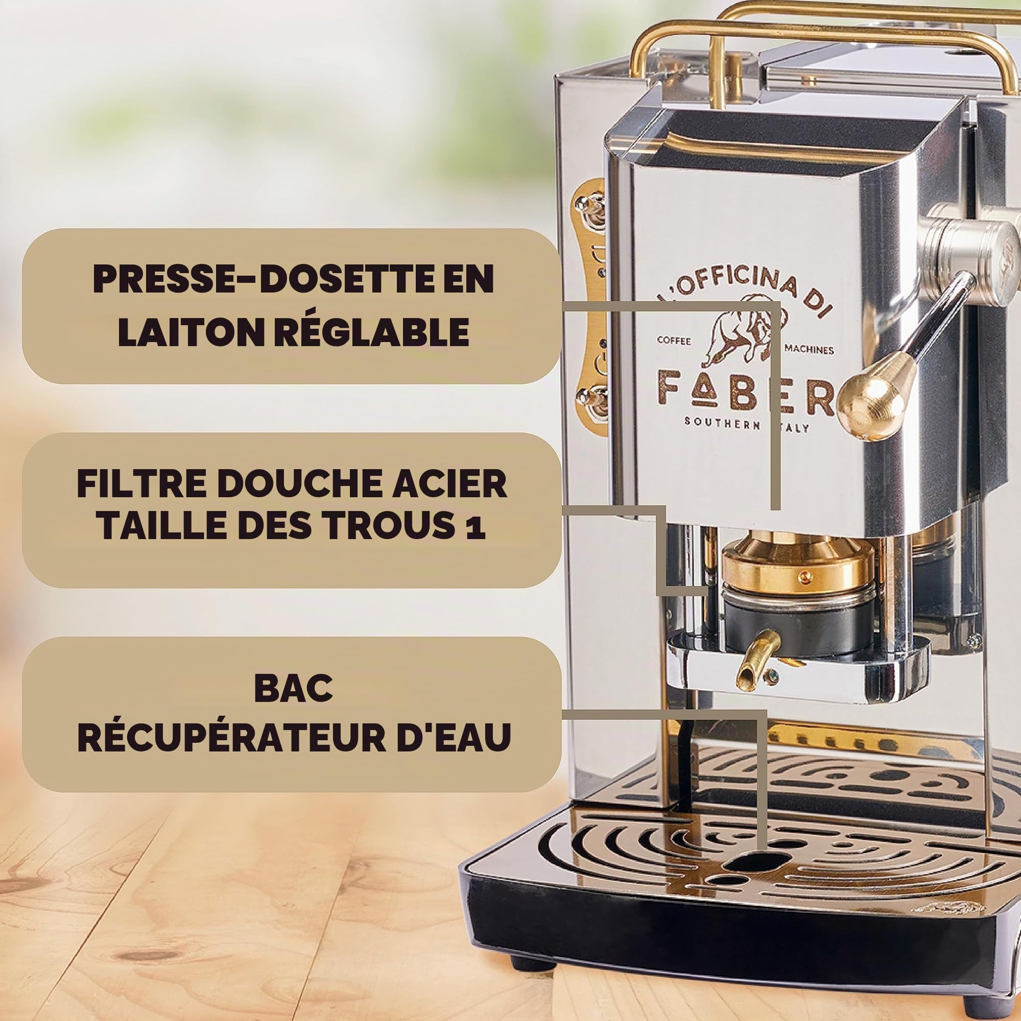 FABER COFFEE MACHINES | Modèle Pro Total Inox Deluxe | Machine à café à dosettes ese 44mm | Pressacialda en laiton réglable | électrovanne de série (laiton)