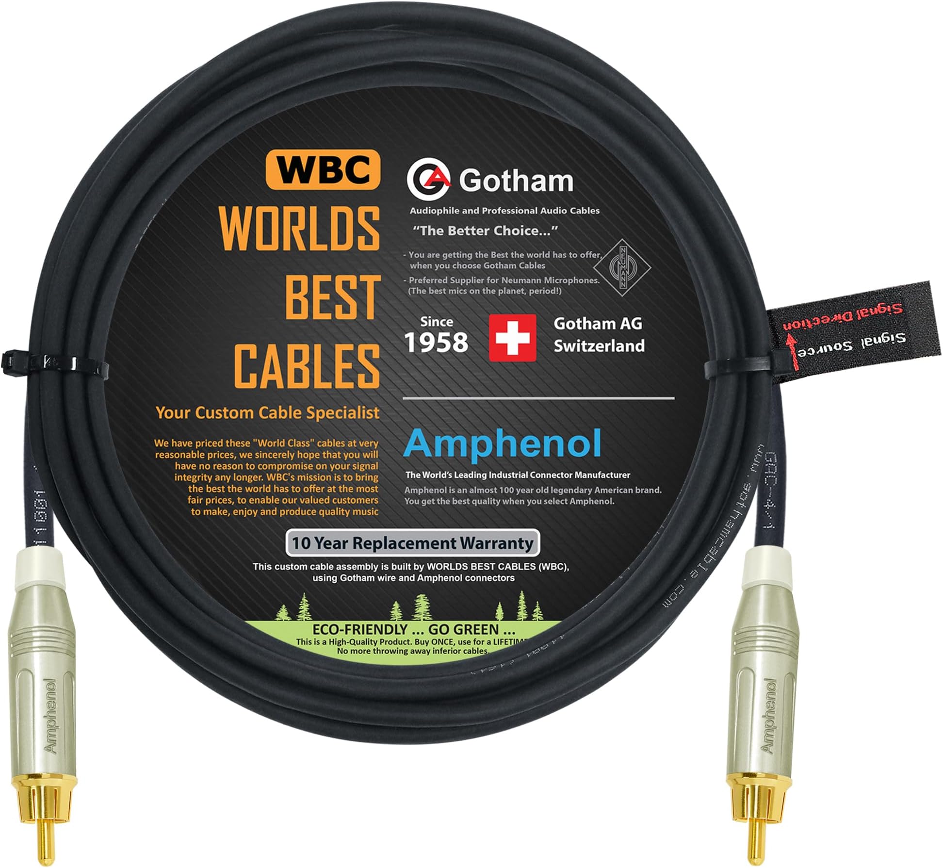 12 Foot - Gotham GAC-4/1 (Black) Star-Quad Center-Channel Subwoofer Cable with Amphenol ACPR-SWH Die-Cast, Gold Plated RCA Connectors – Directional