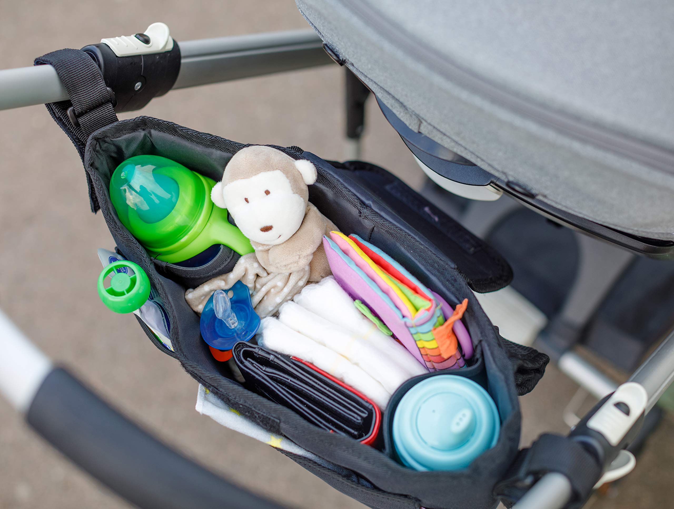Baby Uma Organizer do wózka dziecięcego - uniwersalna torba dla niemowląt z uchwytem na kubek, niezbędne akcesoria do wózka dziecięcego (czarna)
