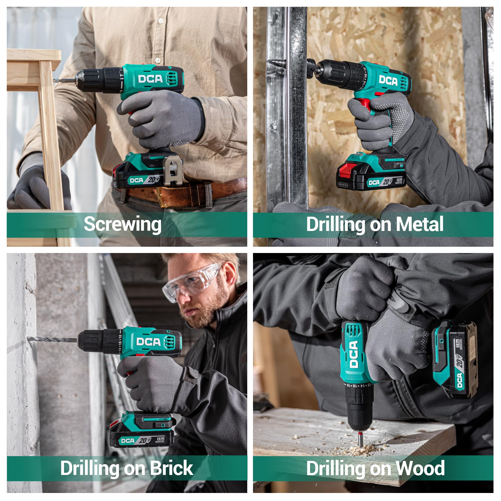 DCA hammer drill being used for screwing, drilling into metal, drilling into brick, and drilling into wood