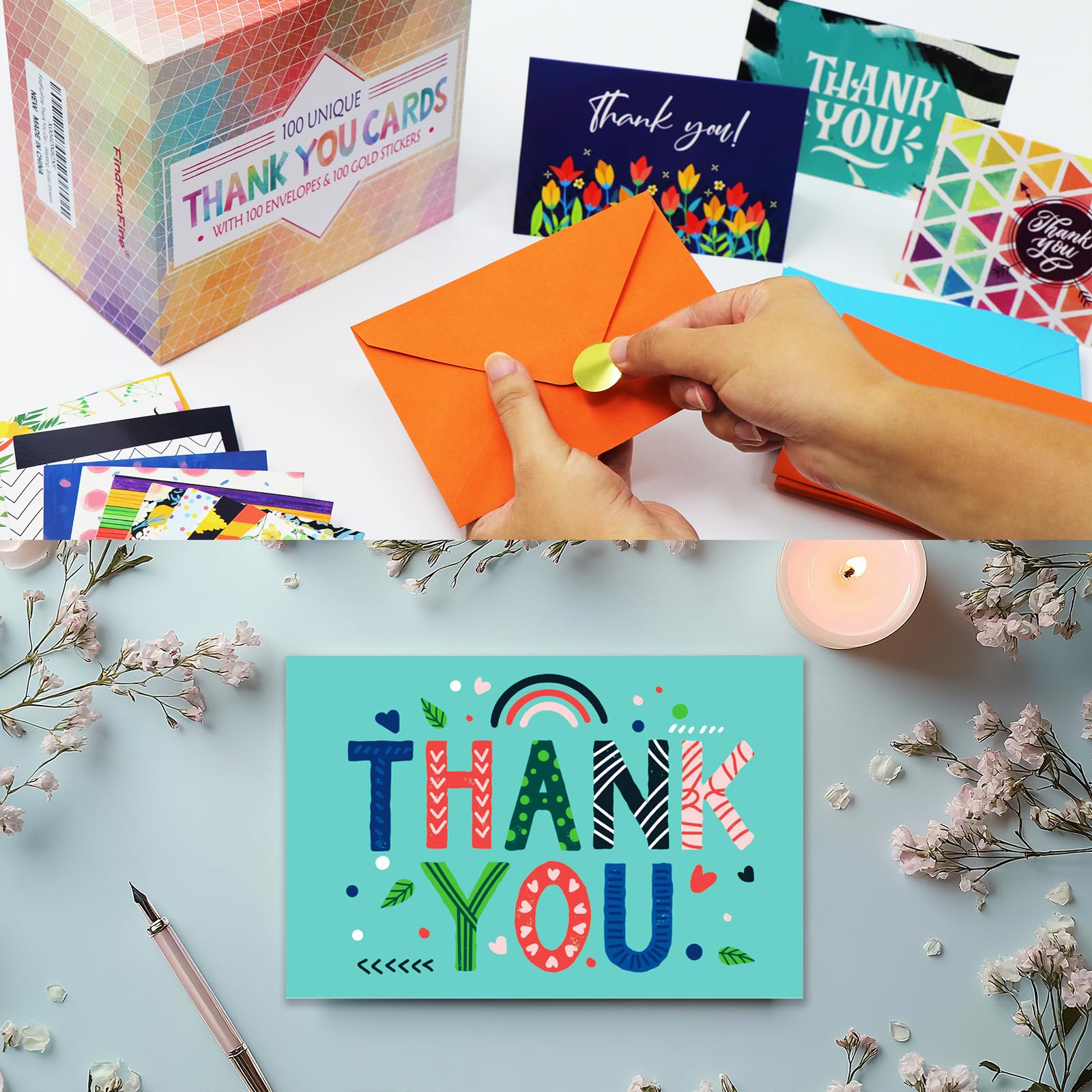 Tarjetas de agradecimiento, 100 juegos de tarjetas de felicitación únicas con sobres, calcomanías de sello dorado, notas de agradecimiento, caja de almacenamiento de 4 x 6 pulgadas para