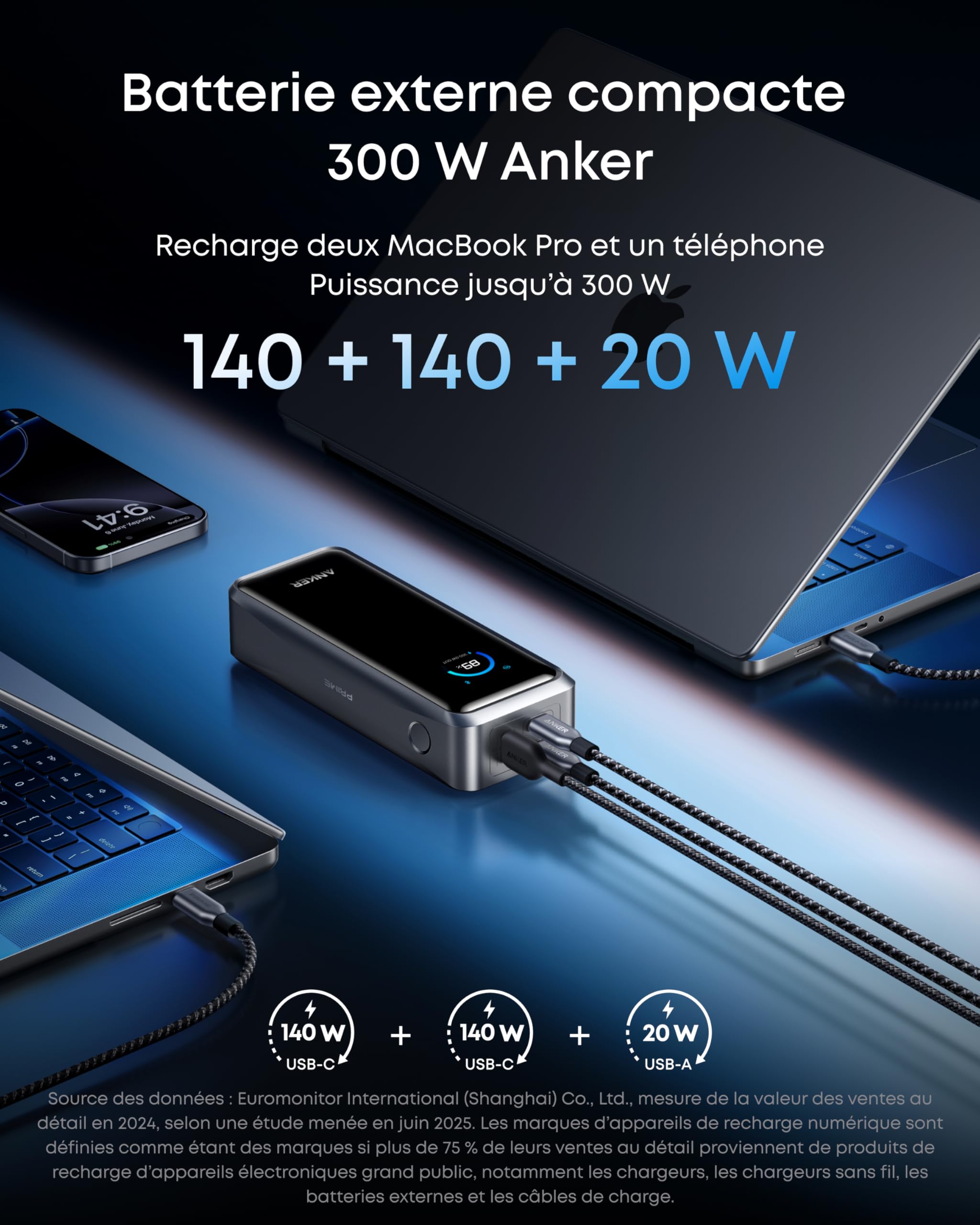 Anker Prime Batterie Externe 26250 mAh, Sortie Max 300W, 3 Ports
