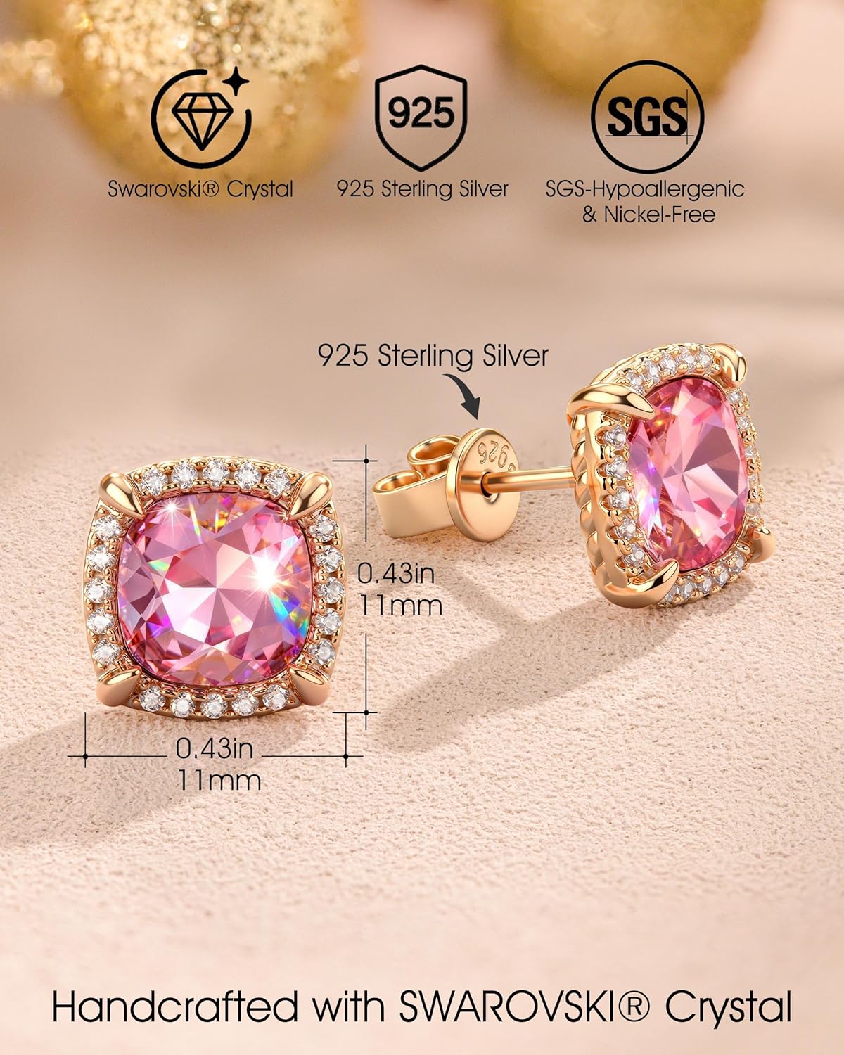 8mm Light Rose Stud Earrings for Women, Crafted with Swarovski® Crystals, Hypoallergenic 925 Sterling Silver, Jewelry Gift Galentine’s Day, Valentine’s Day, Anniversaries, Weddings, Everyday Wear and Special Occasions
