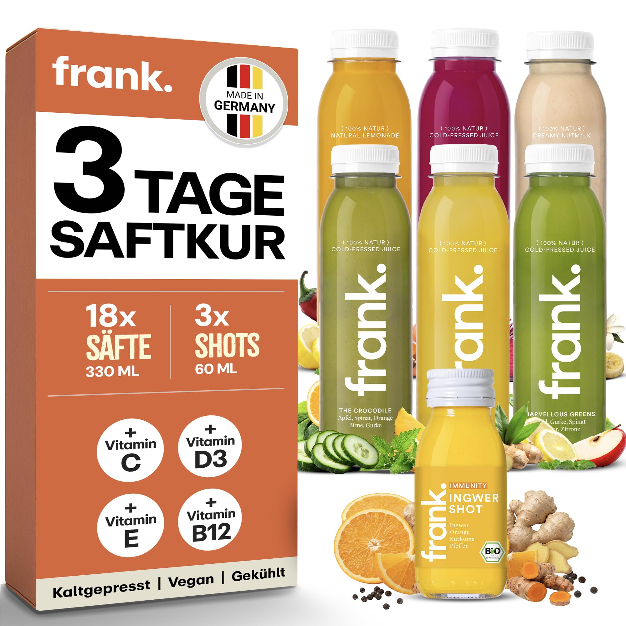 Frank Juice Saftkur 3 Tage | 18 x 330ml Säfte + 3 x 60ml Bio Ingwer shot | Direktsaft kaltgepresst Vegan | ideale Fastenkur aus frischem Obst & Gemüse | Premium Qualität (inkl. 4,50€ Einweg Pfand)