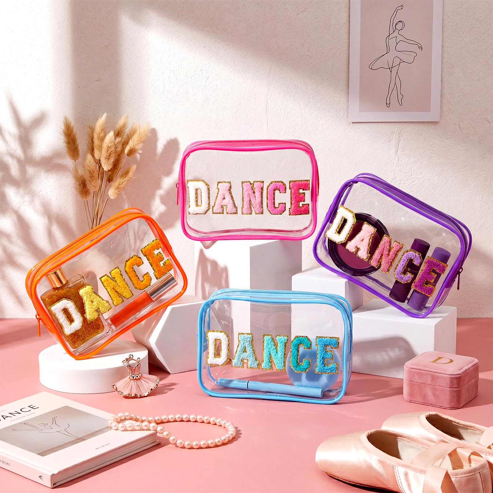 Kacctyen 8 Pcs Clear PVC Makeup Bags with Chenille Letter Patches