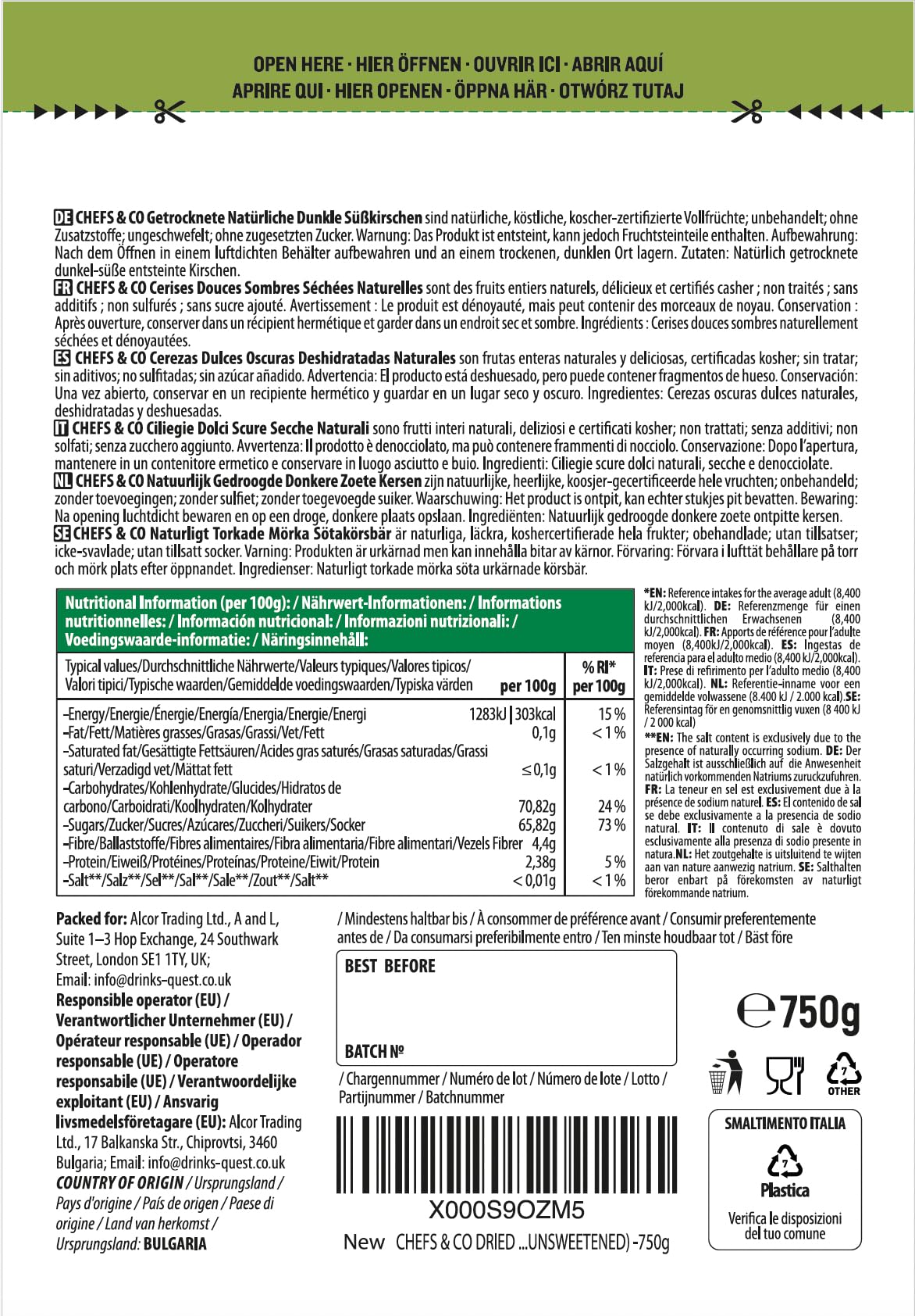 CHEFS & CO | Cerezas Rojas Dulces Secas (sin hueso) | Frutas Secas 100% Naturales | Sin Sulfitos, Sin Gluten, Vegano | Sin Aditivos, Sin Azúcares Añadidos, Certificado Kosher (Paquete de 1 x 750g)