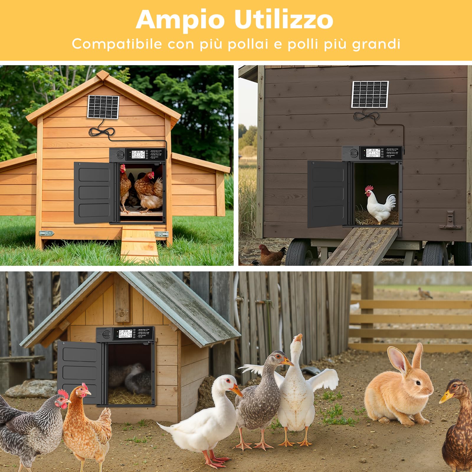 Grande Dimensione Apriporta Automatico per Polli Solare, Apriporta per Polli in Alluminio Apertura Laterale Automatica, Porta Elettrica per Polli con Pannello Solare da 7W, Display LED