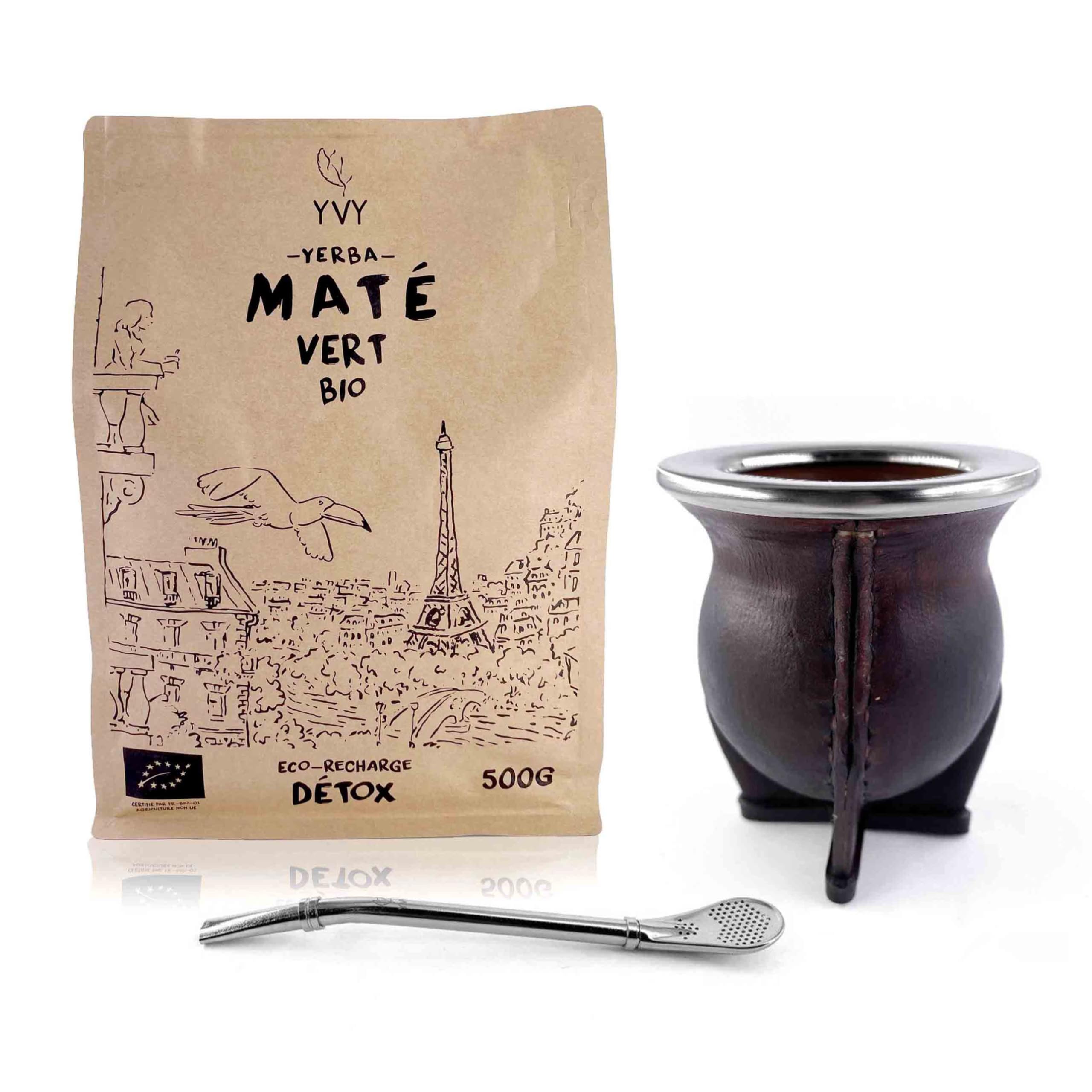 YVY Mate Set mit Maté, Lastwagen, Keramik, klassisches Bombilla-Set und 1 Beutel Yerba Mate Grün Bio 500 g | einfaches Maté-Set | Handarbeit in Uruguay