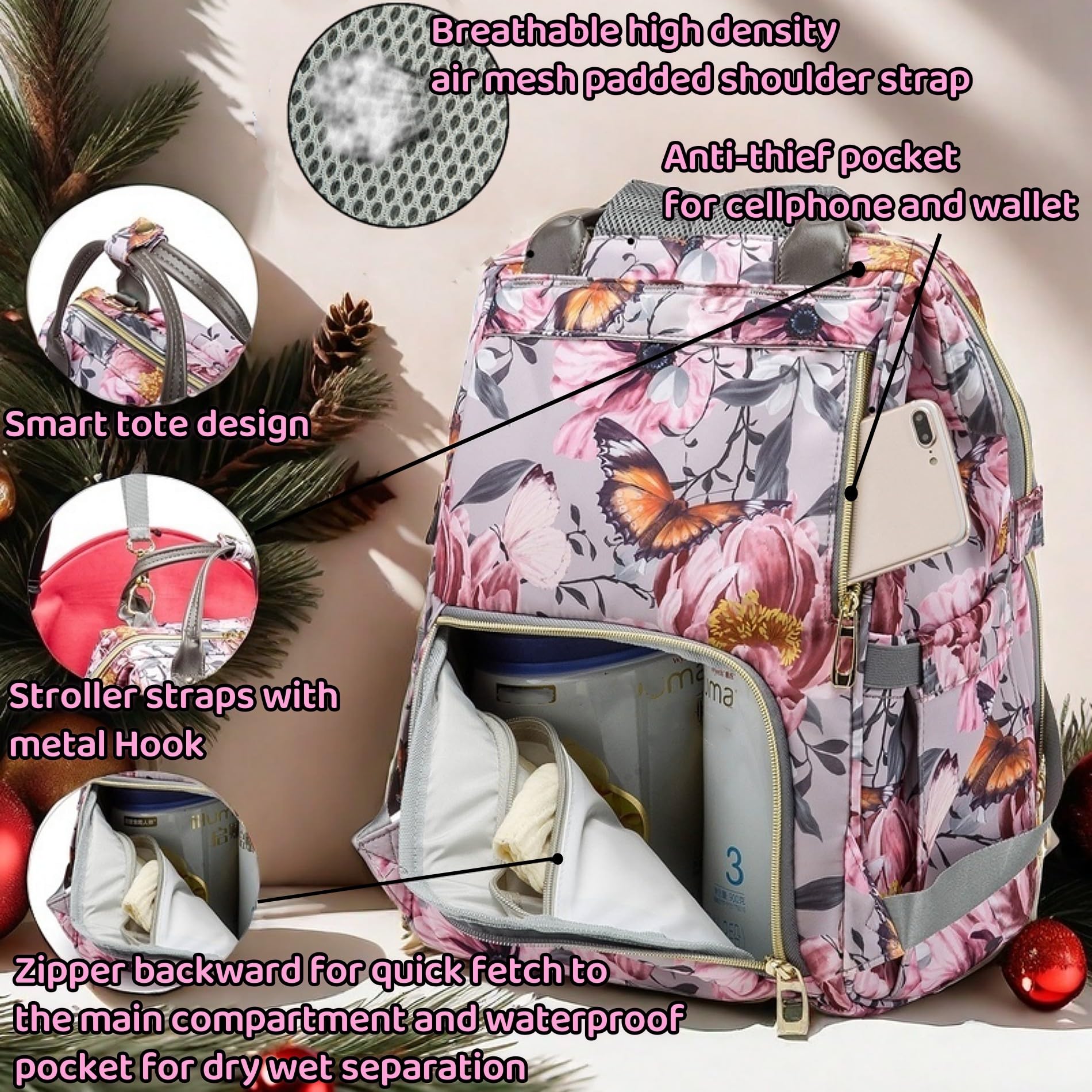 Borsa per pannolini con motivo floreale, con portamonete, porta di ricarica USB, cinghie per passeggino e tasca isolata, zaino da viaggio per donne/mamme (motivo floreale grigio rosa)
