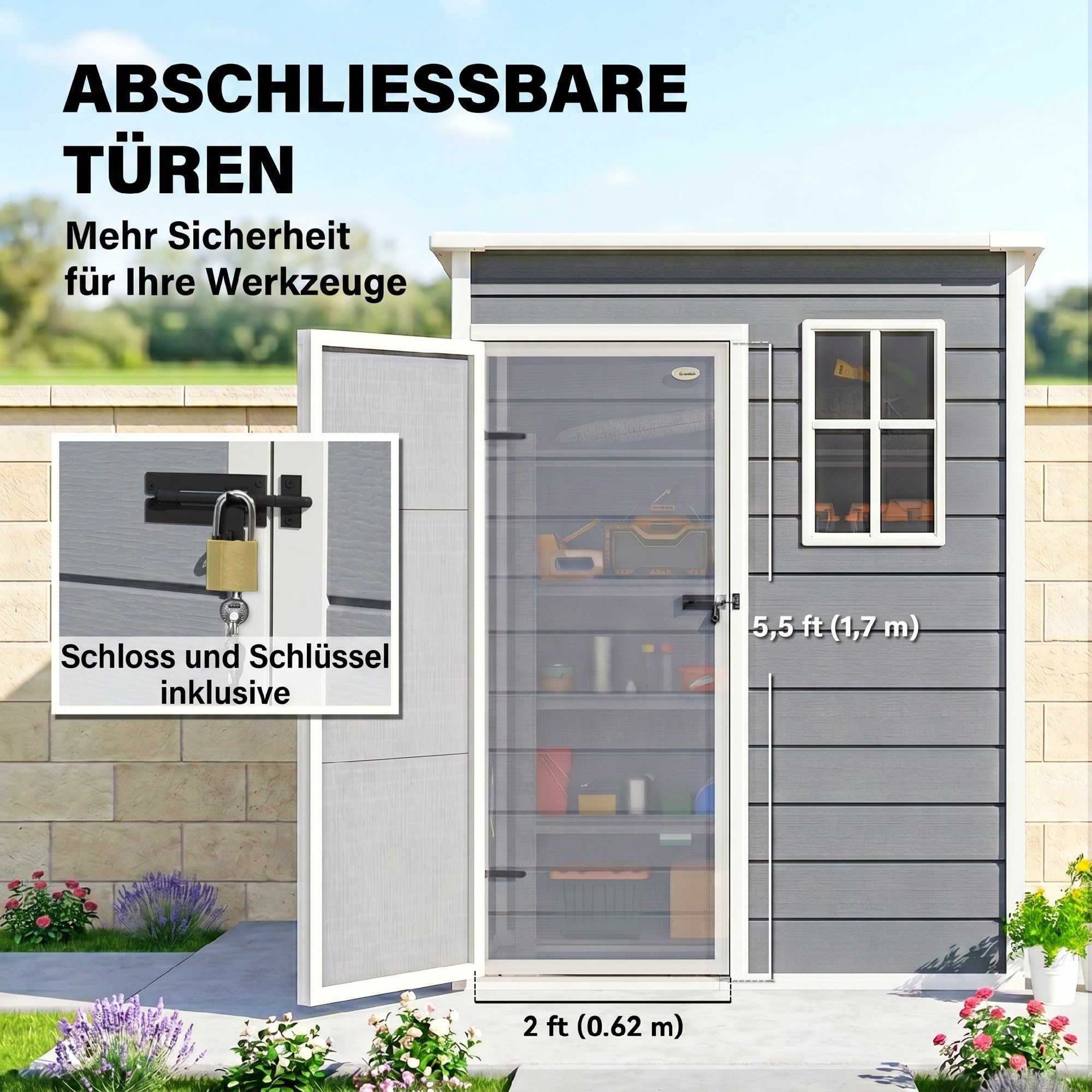 Outsunny Gerätehaus Kunststoff 1,14m² 151 x 92 x 193cm Geräteschuppen mit Pultdach Boden Fenster Abschließbarer Tür wetterfest Gartenhaus Outdoor Garten Schuppen für Hinterhof Grau | Mit Boden, Mit Fenster, Abschließbare Tür, Wetterfest, Geräteschuppen, G