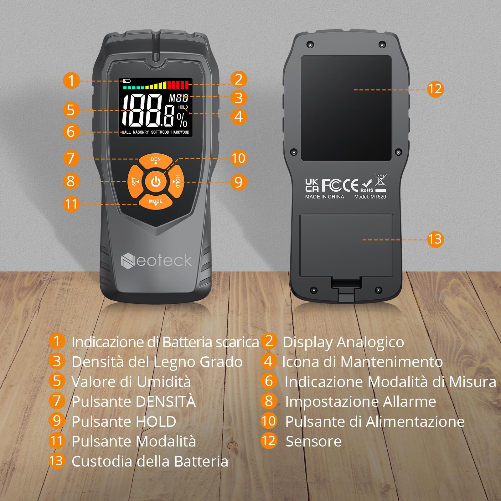 Neoteck Misuratore Umidità Legno con Display LCD Misuratore di Umidità Muri Funzione Allarme Sonoro Igrometro Professionale Senza Ago Rivelatore di Umidità per la Misurazione di Muri Legno Tenero/Duro