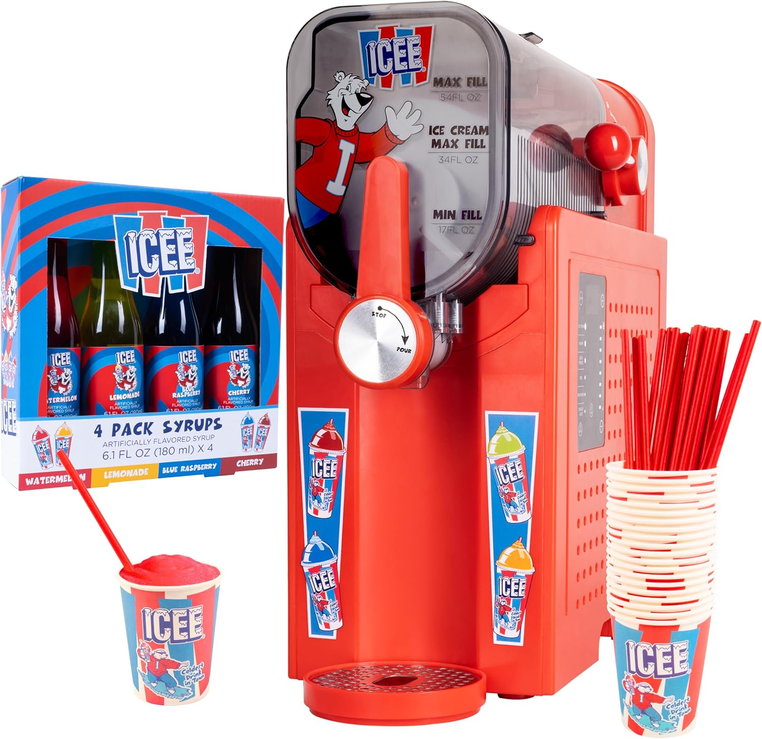 ICEE Pro Slushie Machine with 4 Pack Syrups, 20 x Cups & Straws – No Ice Needed Frozen Drink, Frappe, Milkshake & Ice Cream Maker | Home Slushy Machine, Countertop Frozen Drink Machine
