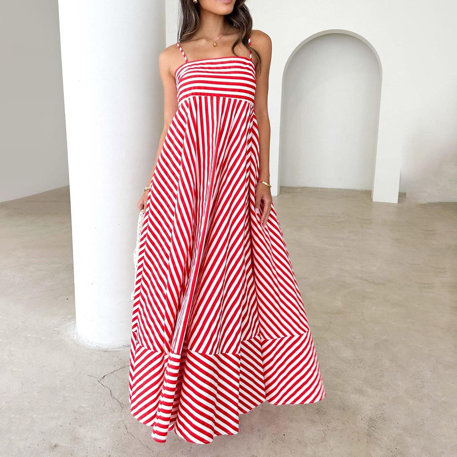 Robe de plage longue à rayures pour femme - Robe maxi simple et légère | Robe de loisirs à bretelles spaghetti, sans manches, à rayures verticales, robe de maison, robe à bretelles dénudées