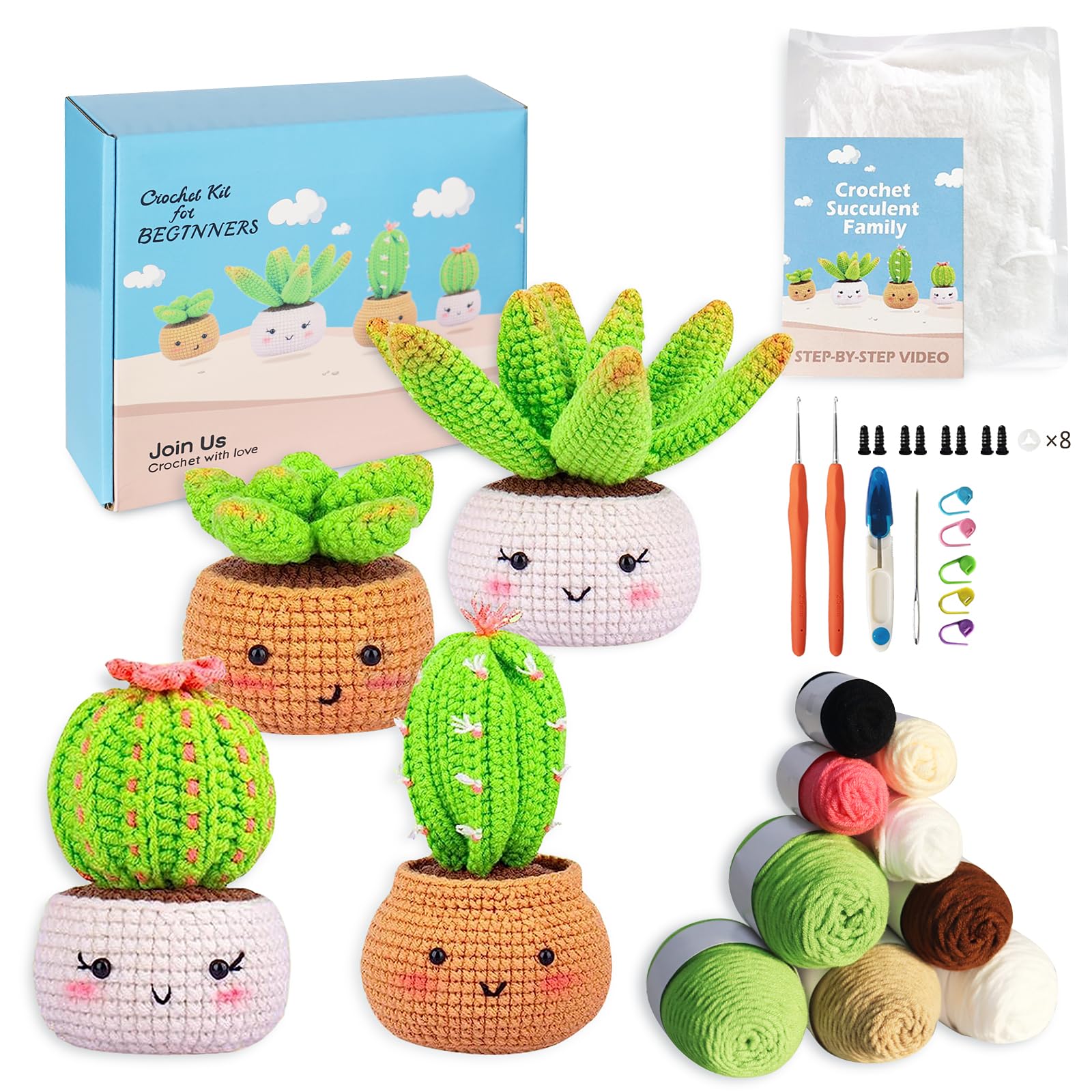 Crochet Kit for Beginners, Knitting Kit with Step-by-Step Video Tutorials, Learn to Crochet Kits & Knitting Supplies, Crochet Hook Set, Crafts for Adults & Teens, 4 Pack Plants Family