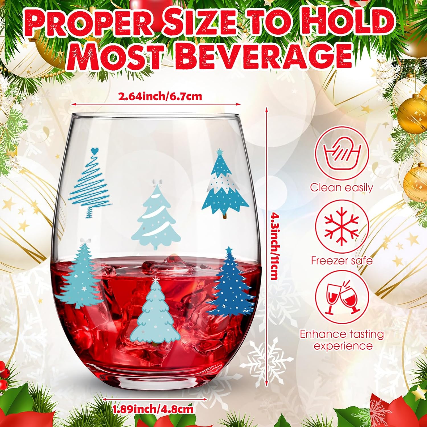 Umigy 4 Pcs Christmas Stemless Wine Glass Winter Leaf and Berry Drink Glasses 17 oz Wine Glass Funny Xmas Birthday Gifts for Women Men Family Friends(Blue,Winter Christmas Tree) - Image 3