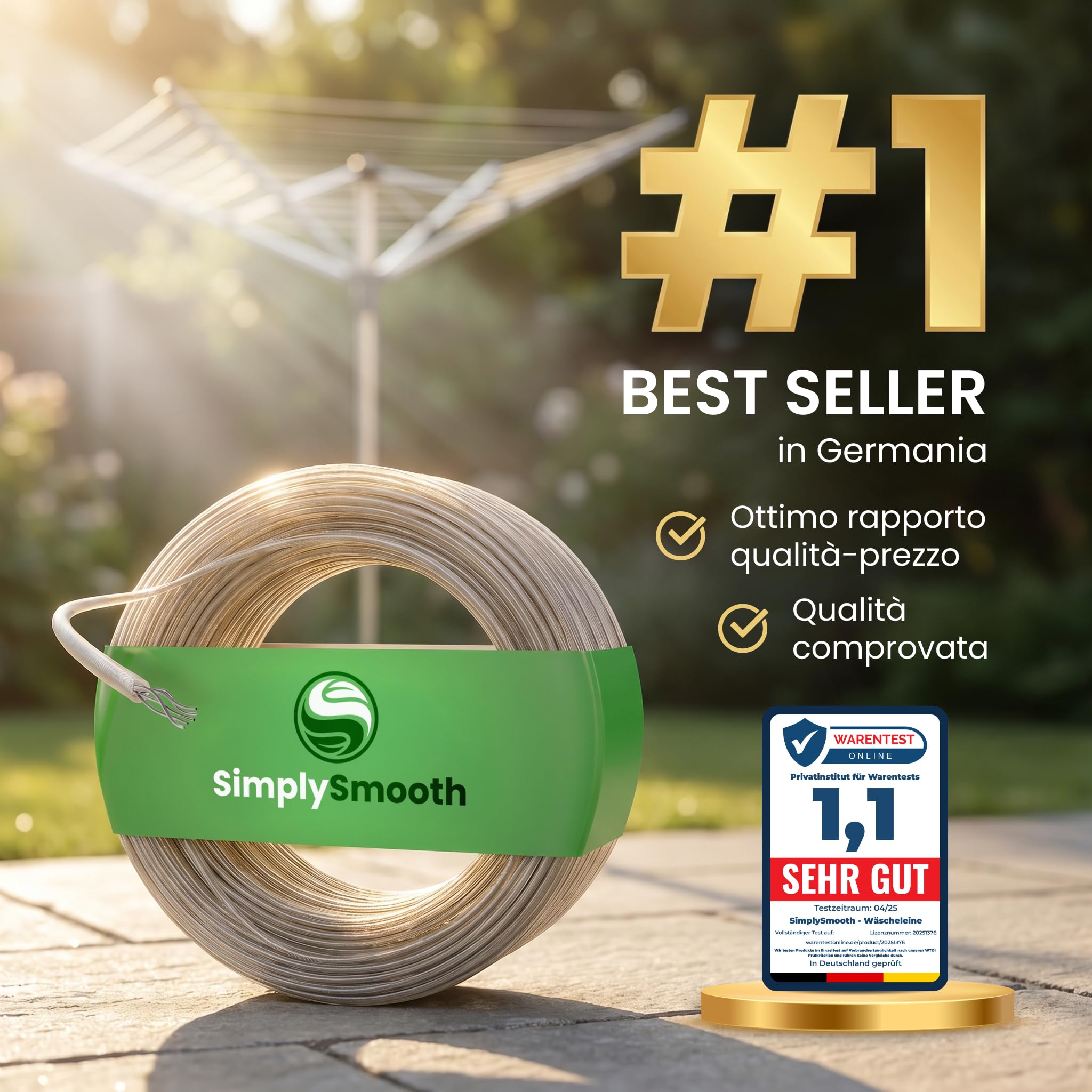 SimplySmooth Stendibiancheria 30m - Corda con anima in acciaio in 3 lunghezze - Extra resistente e robusta - Per giardino, campeggio e stendibiancheria - Corda da esterno