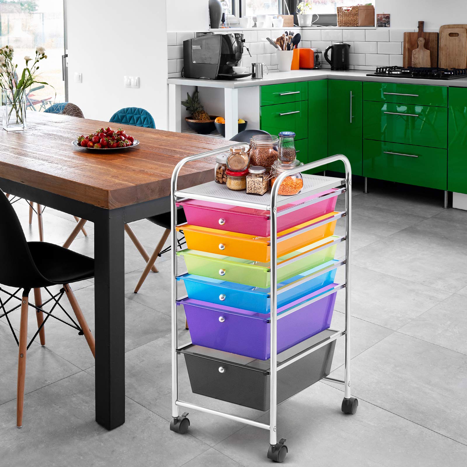 GIANTEX Carrello con 6 Cassetti, Portaoggetti Multistrato, Carrello da Stoccaggio a 6 Ripiani, Contenitore con Ruote, Scaffale Mobile Salvaspazio, 32x37x74 cm, Colorato