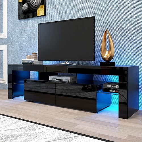 Soporte de TV con 16 colores y luces de control remoto, moderno soporte de televisión con estantes abiertos, gabinete de consola de almacenamiento
