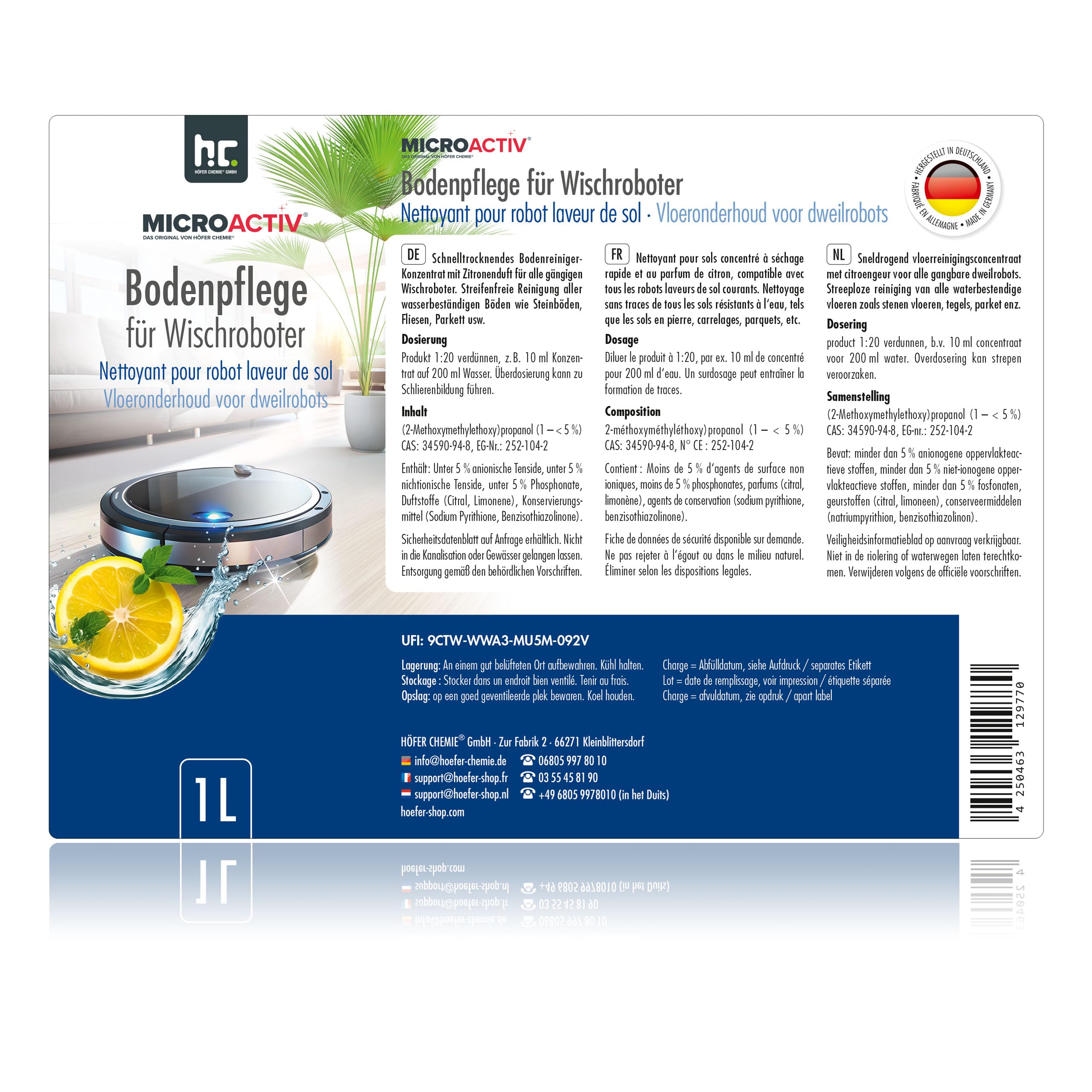 Microactiv Nettoyant Sol Concentré 3 x 1 L pour Robots Laveurs | Séchage Rapide, Antidérapant, Idéal pour Tous Types de Sols - Parfum Frais Discret - Convient Parquet, Carrelage et Stratifié