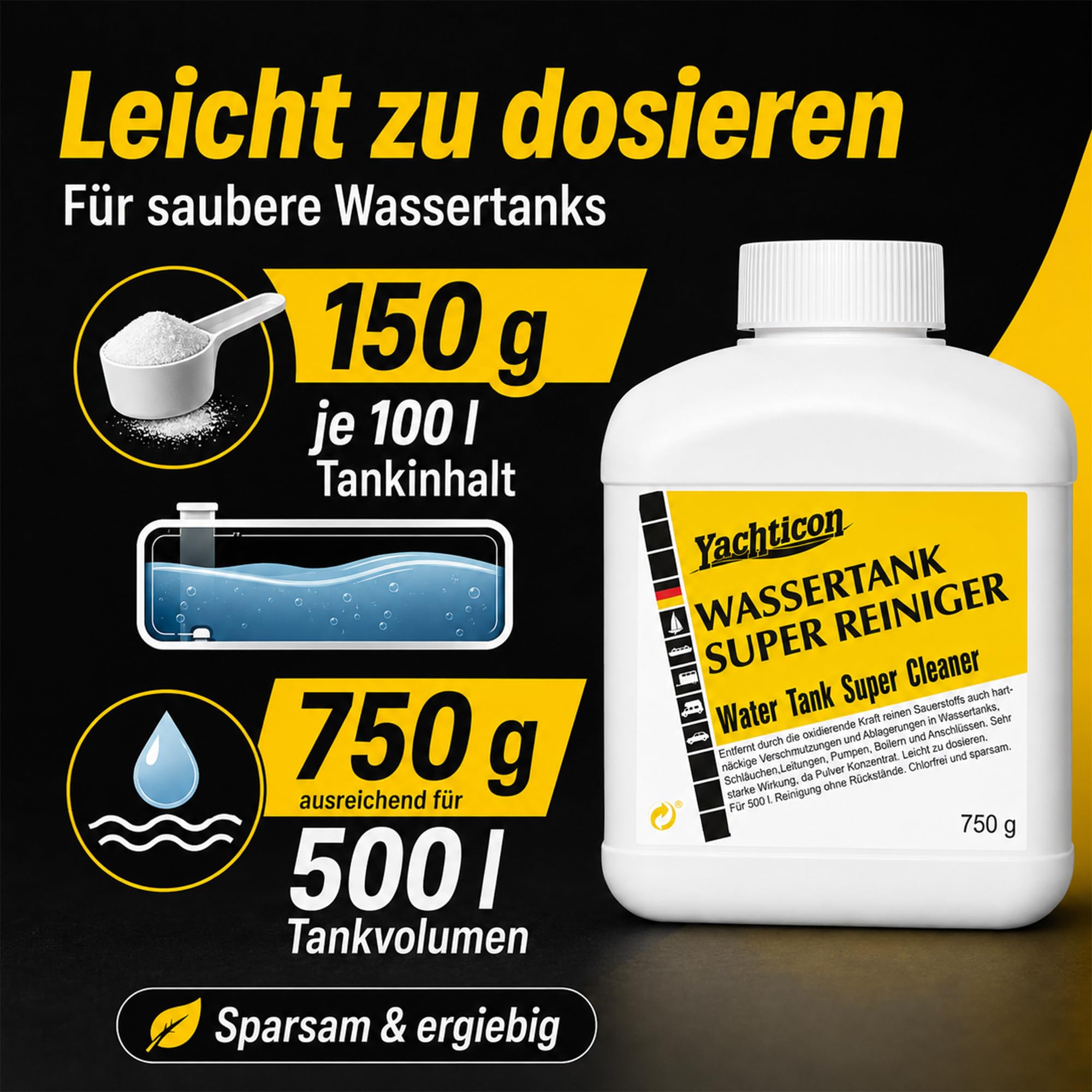 Wassertank Reiniger Wohnmobil 750 g – chlorfreier Wassertank Super Reiniger für Frischwassertank, Leitungen & Boiler | entfernt Ablagerungen & Verschmutzungen in Camping, Caravan & Boot