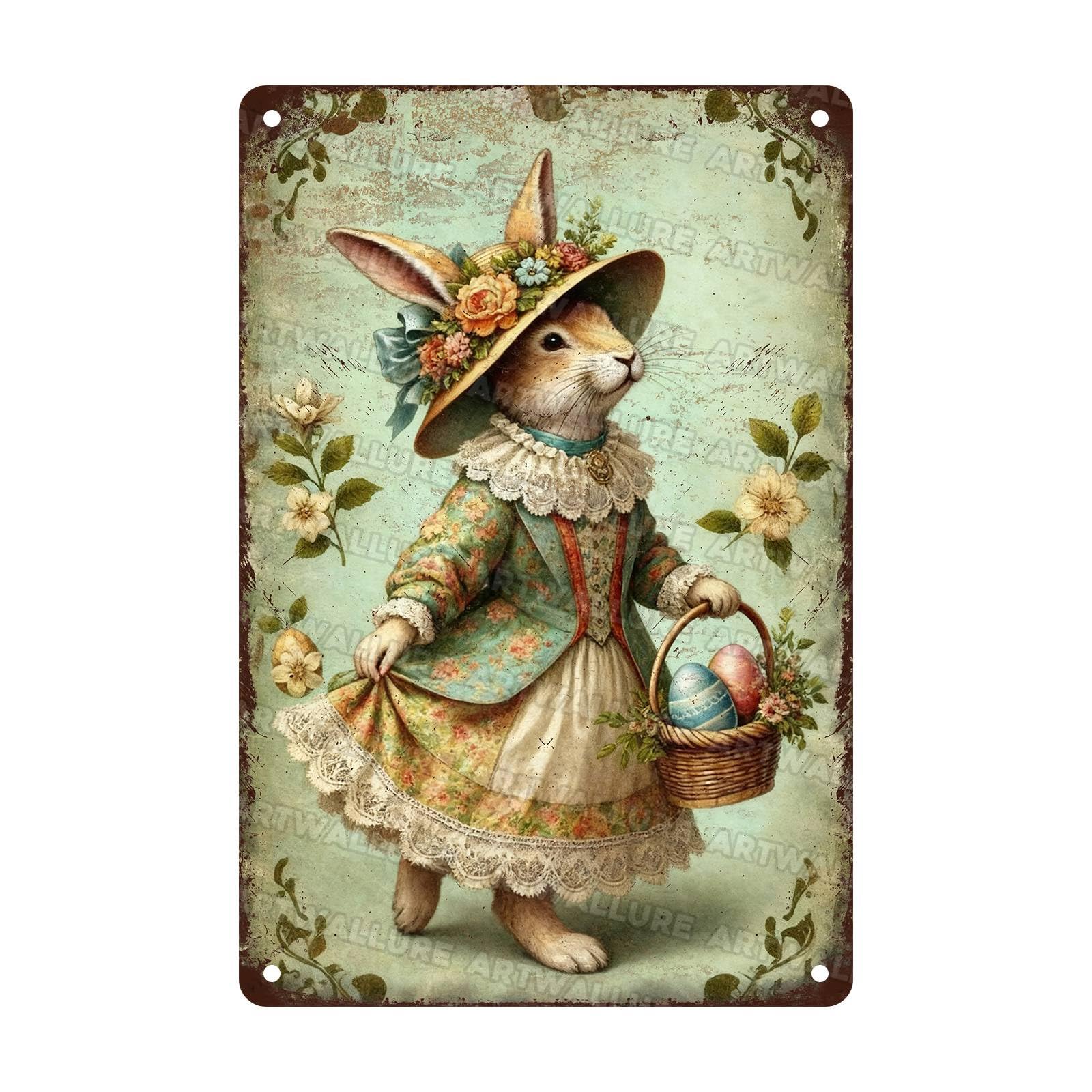Vintage Easter Bunny Metal Sign Easter Eggs Rustic Farmhouse Wall Art For Indoor Outdoor Home Garden Decor 8x12Inch