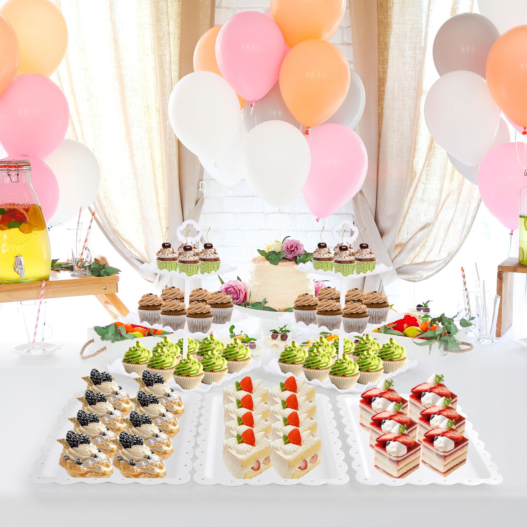 Juego de mesa de postre de 6 piezas, 2 soportes para magdalenas/torre de nivel para tartas y 4 bandejas de servir para fiestas de té, cumpleaños, baby shower (cuadrado blanco puro)