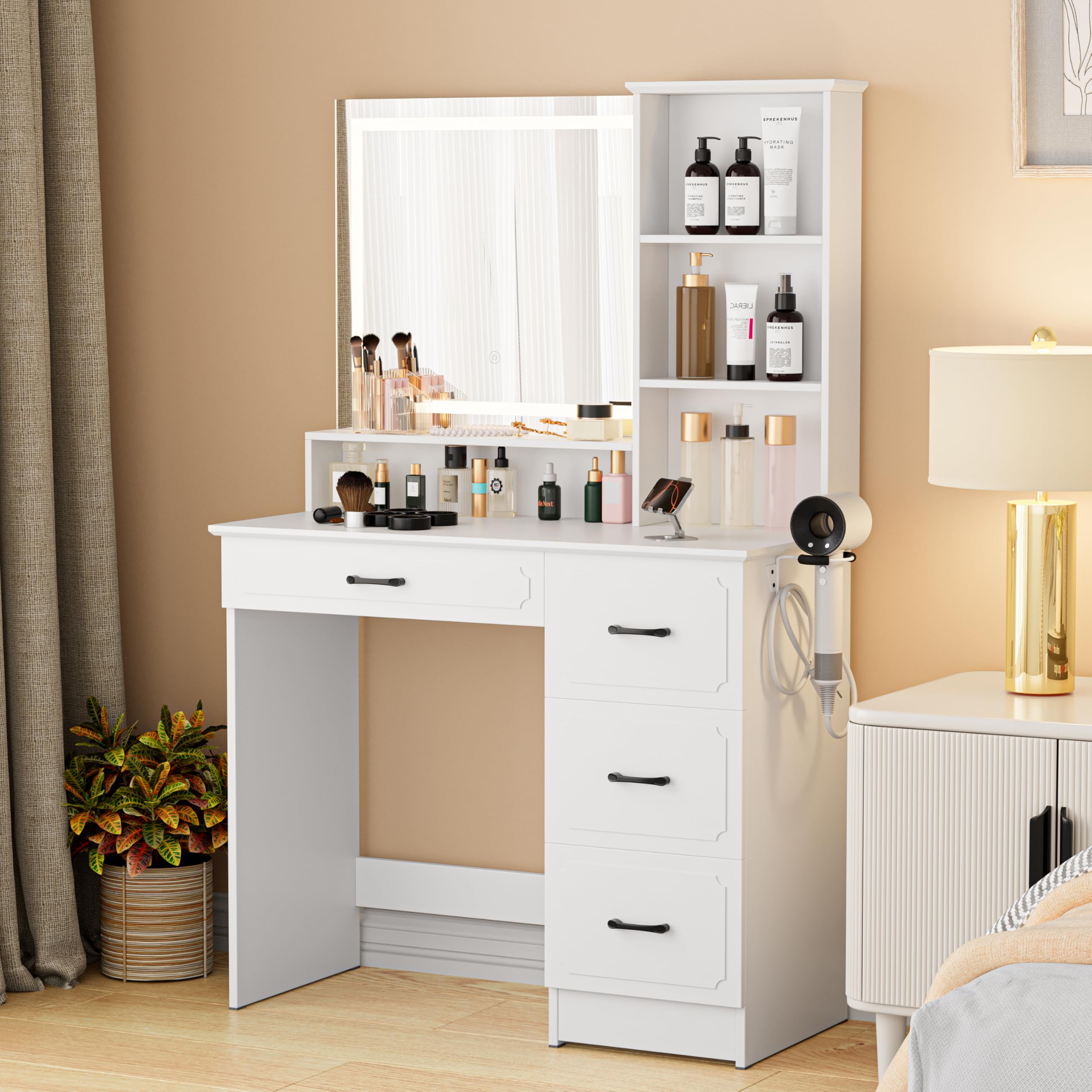 GENGKHAN White Vanity Desk with Mirror and Lights, Small Vanity with LED Lighted Mirror & Storage Shelves, Elegant Compact Makeup Table for Bedroom