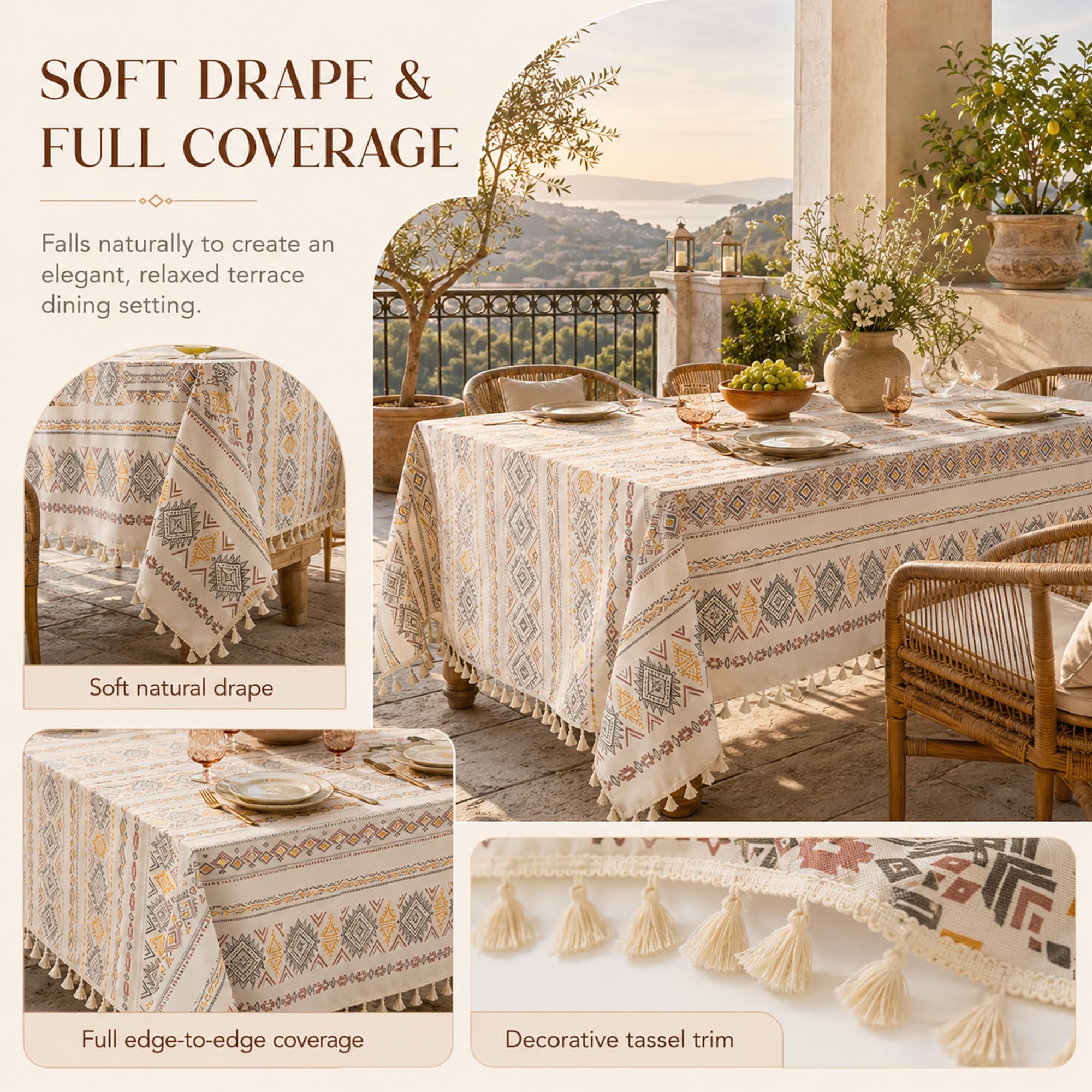 Mantel De Mesa Boho Rectangular con Diseño Geométrico Y Flecos
