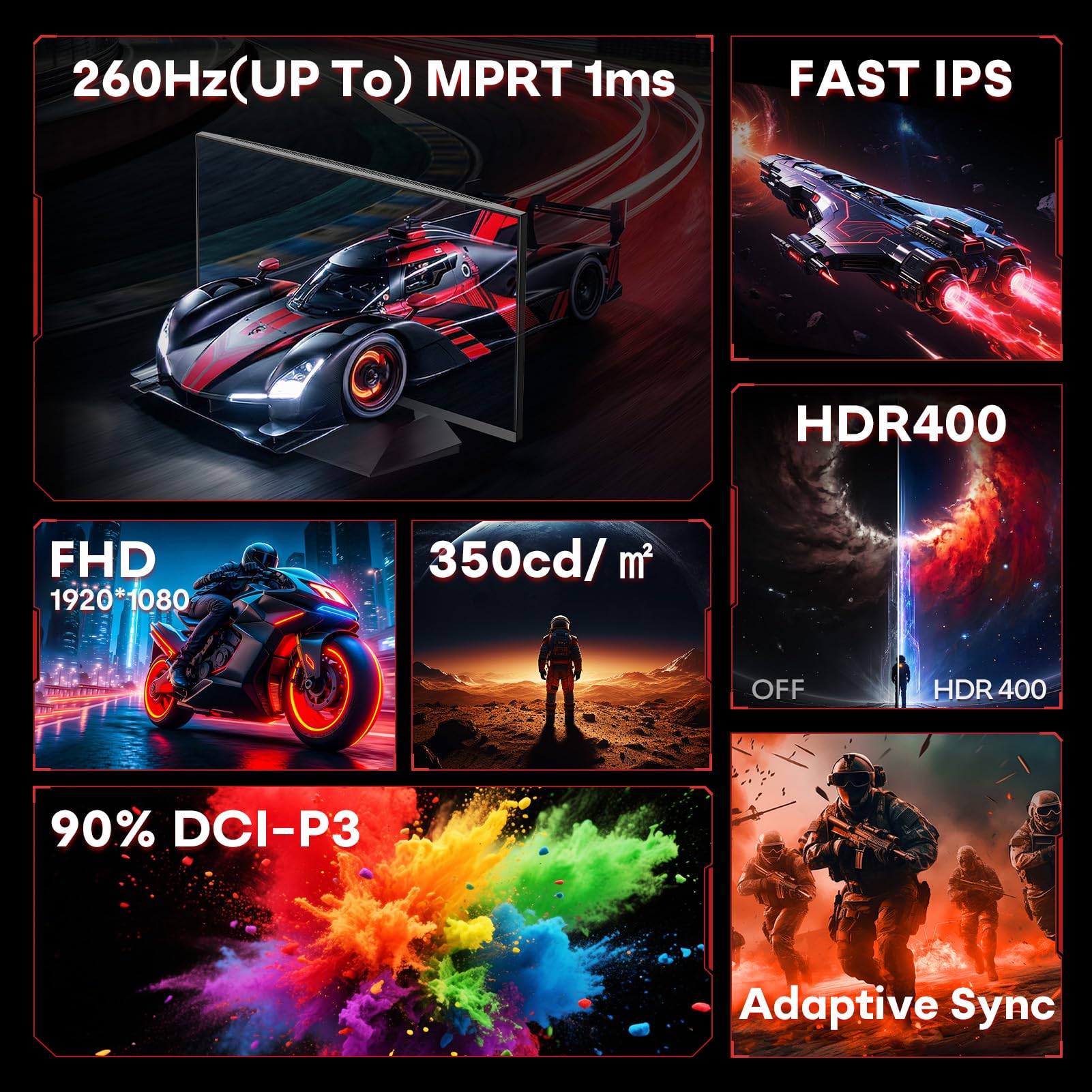 HKE G24H3D Écran PC Gamer 24 Pouces IPS FHD 240Hz Jusqu'à 260Hz HDR400 Ecran Gaming