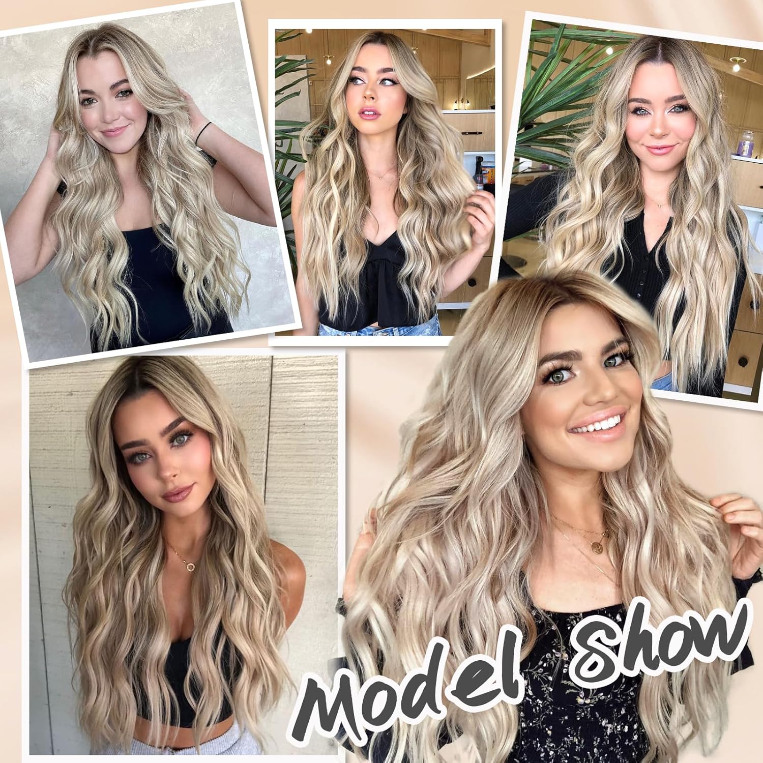 NAYOO Long Blonde Wavy Wig for Women - 26 Inch Ash Blonde Wigs for Women, Natural Looking Ombre Blonde Wigs, Easy to Put Blonde Curly wig