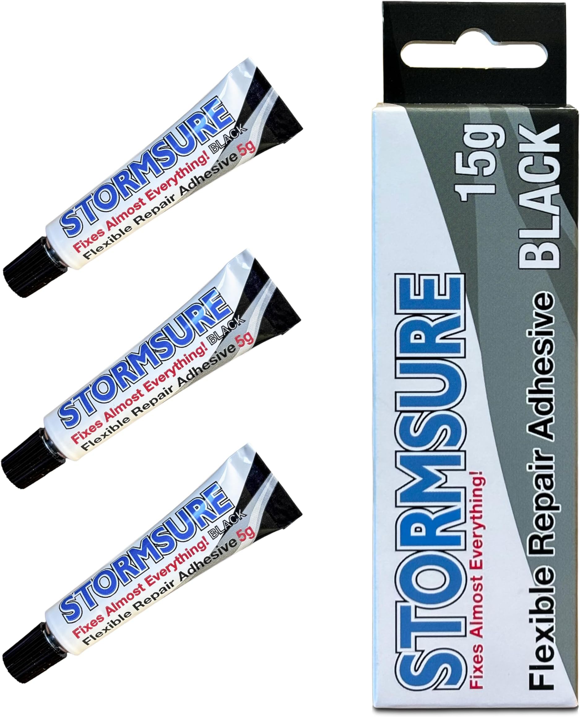 Stormsure Flexible Repair Adhesive (3x5g) (Black) - Strong, Highly Durable Bonding Adhesive for Waterproof, Flexible Repairs