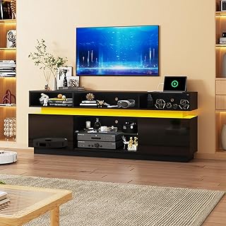 LED TV Stand for 75 Inch TV, Modern Tall Entertainment Center with Power Outlets, High Gloss TV Stand, Gaming TV Media Console with Glass Shelf for Living Room, 63 Inch, Black