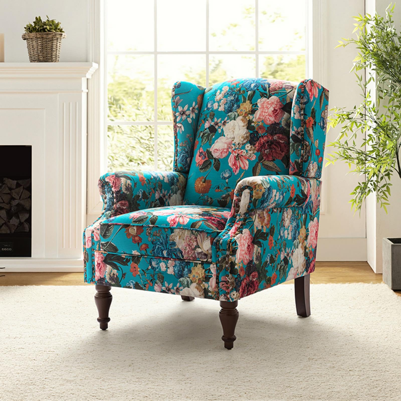 HULALA HOME Floral Fabric Armchair Pattern Wingback Design Roll Arm with Cutaway Sofa Rubber Wood Spindle Legs for Living Room, Peacock