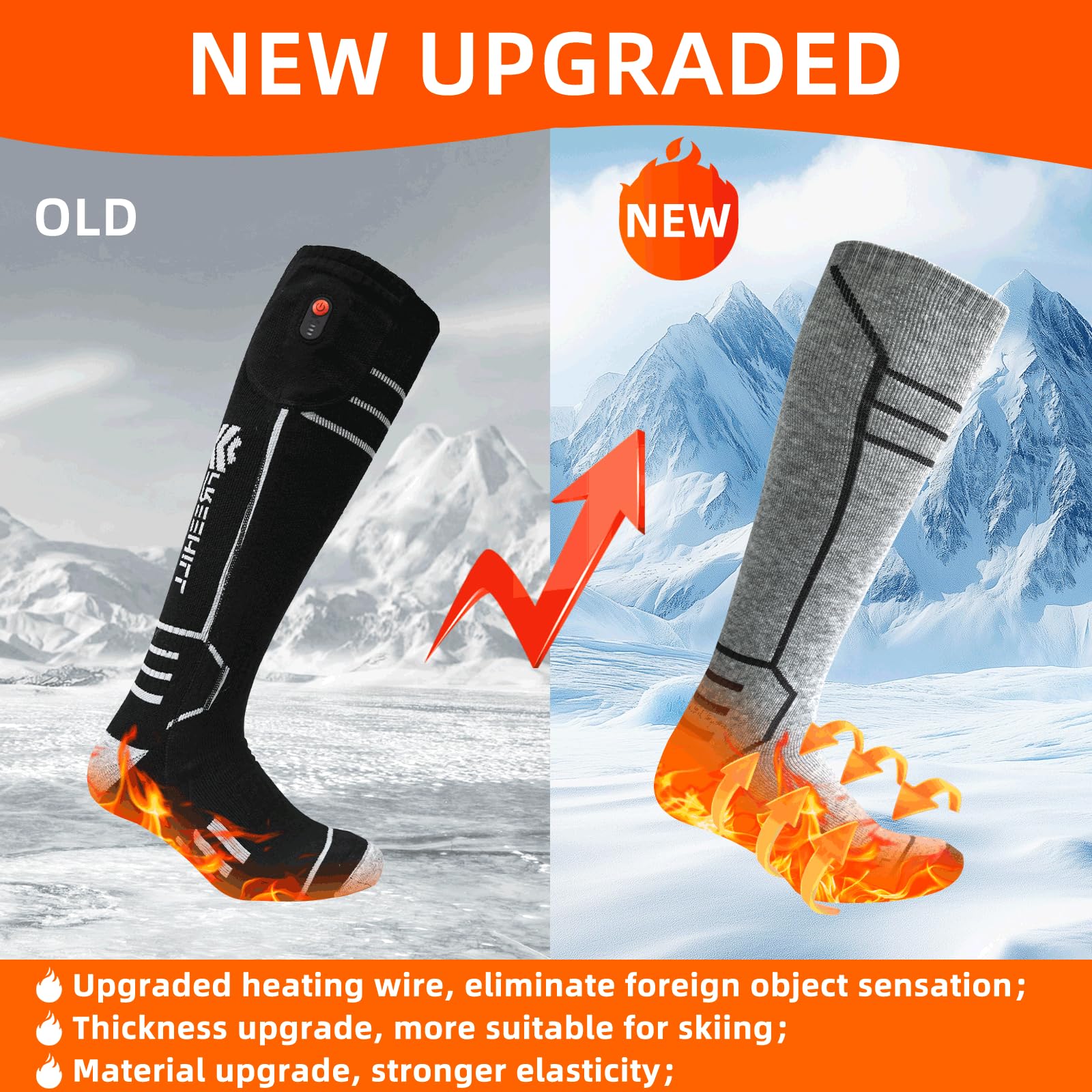 FREEHILL Merinowolle beheizte Socken für Männer Frauen, One-Click Control wiederaufladbare kaltes Wetter Knie-hohe Socken (Grau, L)