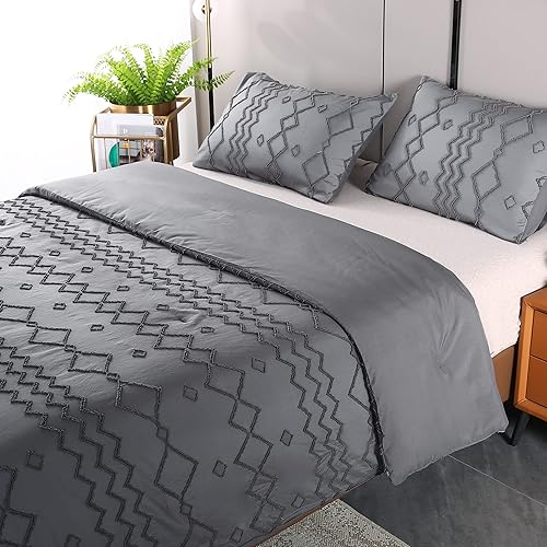 Miniatura 2 de Juego de edredón bohemio con patrón geométrico desgastado chic de 3 piezas, 1 edredón y 2 fundas de almohada, edredón ligero de microfibra