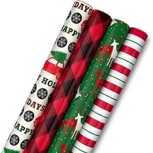 Image Arts Christmas Wrapping Paper, Rustic Holiday Gift Wrap (Pack of 4: 120 Sq. Ft. Total) Red Car with Trees, Red and Black Buffalo Plaid, Deer, Stripes