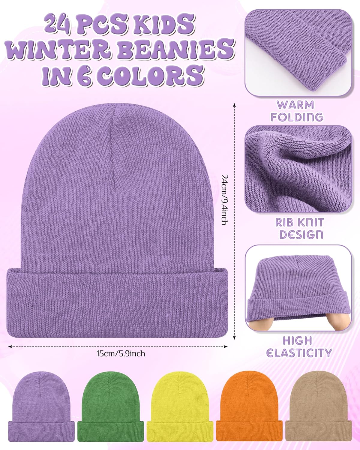 Toulite 24 Pcs Kids Winter Beanies Warm Cold Weather Hats Knitted Beanie Cap Solid Color for Boy Girl Children School Outdoor - Image 2