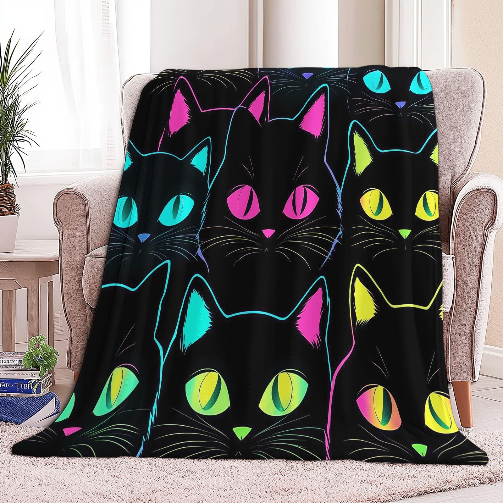 Generico Plaid Coperta Pile Nero Bambini Ragazzi Ragazze Plaid Pile Gatto Al Neon Dei Cartoni Animati Coperte Flanella, 220 x 240 cm Letto e Divano Blanket Peluche Morbida e Calda