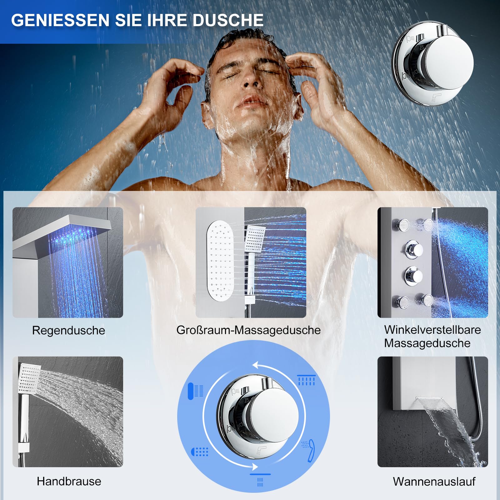 Duschpaneel LED 5-in-1 gebürsteter Edelstahl mit Armatur