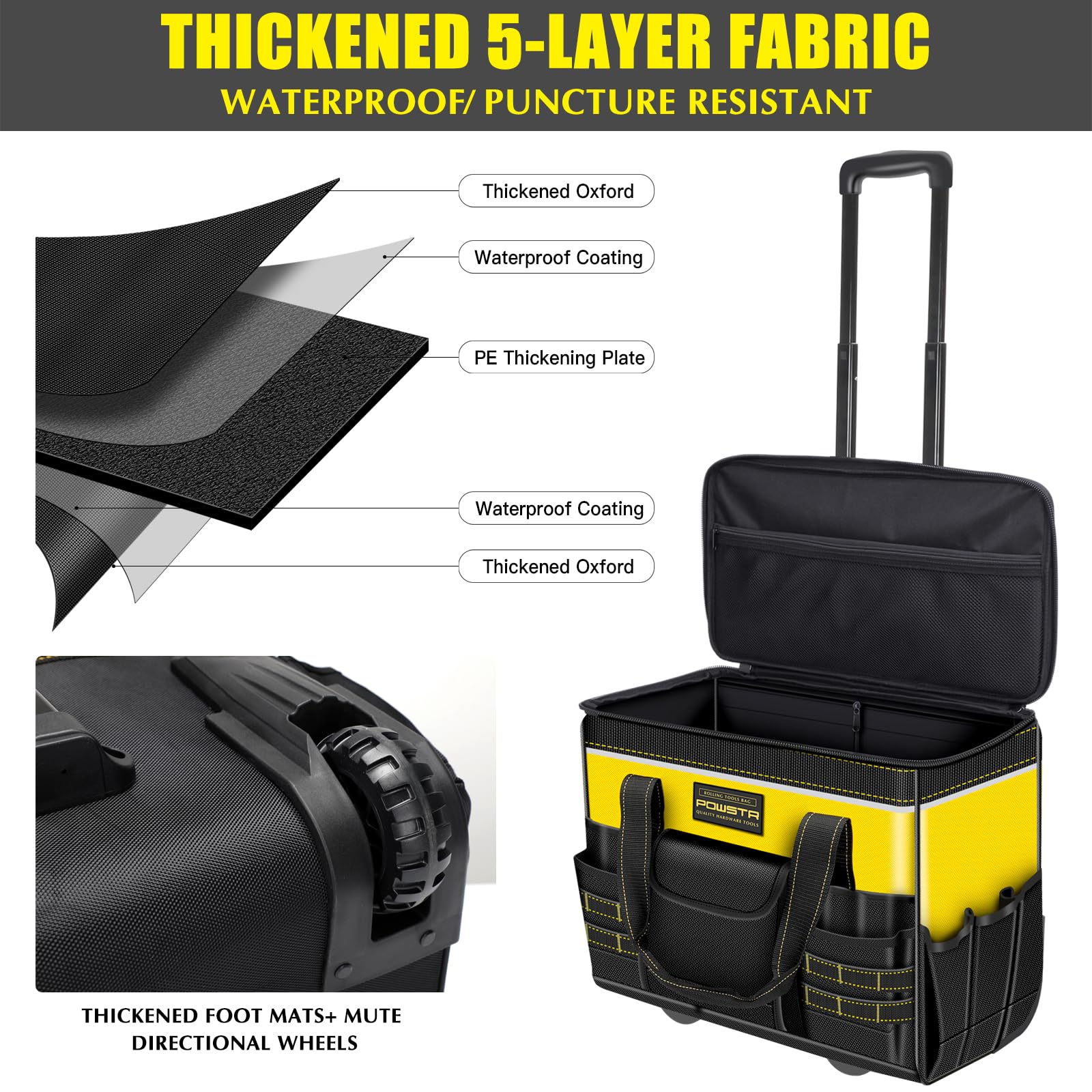 21" Bolsa de Herramientas con Ruedas,Bolsa de Herramientas Impermeable con Asa Telescópica,18 Bolsillos,Organizador de Bolsas de Herramientas Multiusos Para Construcción