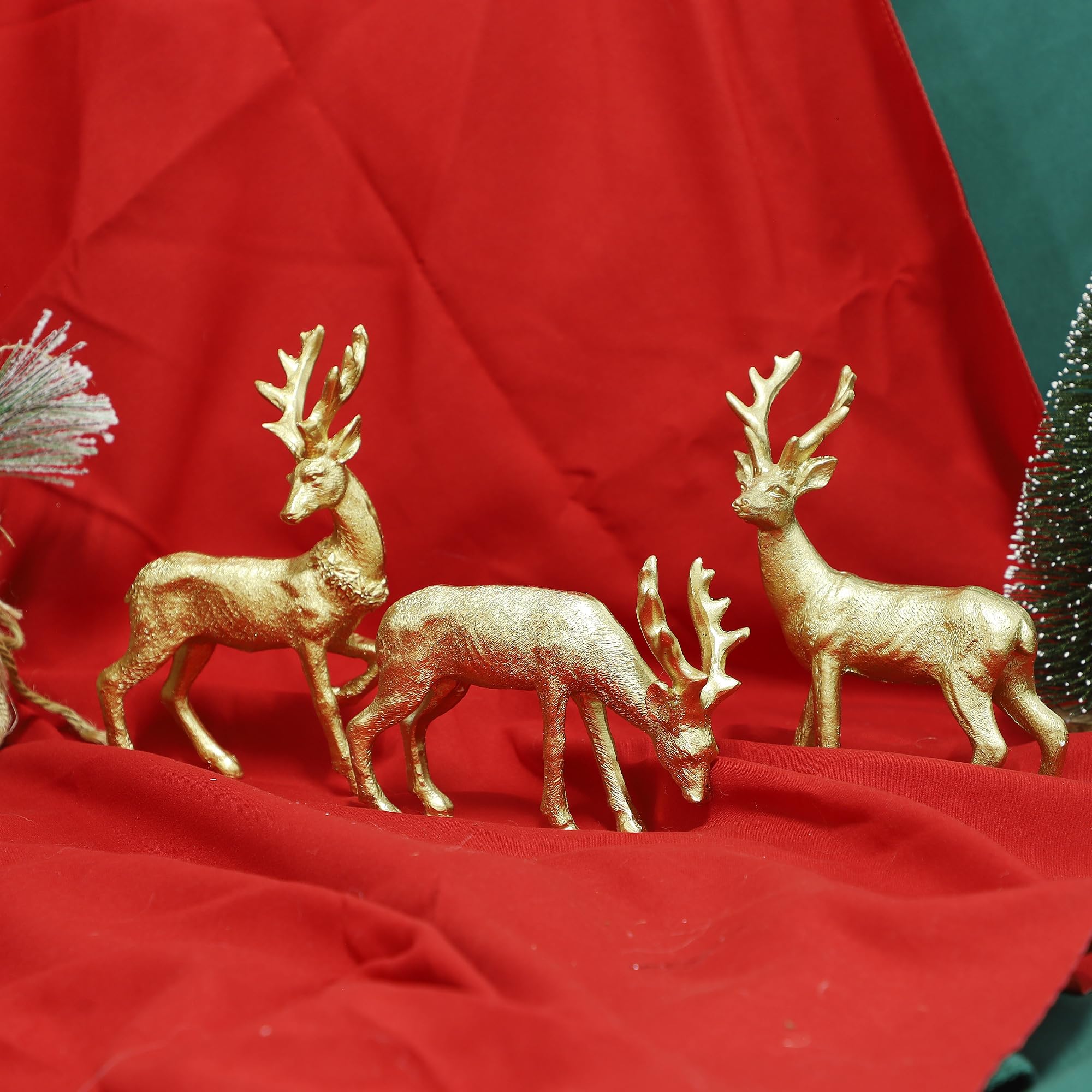 Lulu Home Christmas Tabletop Decorations, 3 Packs Resin Golden Reindeer Figurines Xmas Holiday Winter Centerpieces Ornaments for Fireplace Mantel Shelf Home Decor (3 Reindeer - Pure Golden)