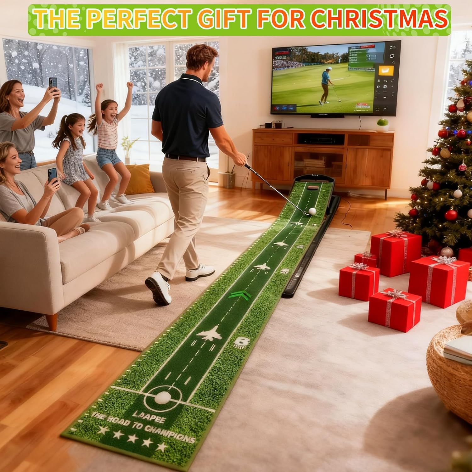 Putting Green Indoor, 360° Adjust Slope Putting Mat with Auto Ball Return & Crystal Velvet Mat, Practice Golf Gifts Game for Home, Office, Outdoor and Golfers Use
