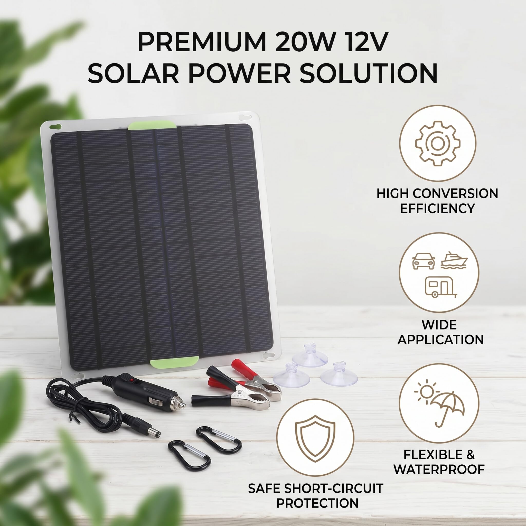 Pannello Solare 20W 12V per Auto, Barca e Aerei, Fotovoltaico con Protezione da Corto Circuito, Ricarica Batterie, 215x185x1mm, ABS, Porta USB 5V 2A