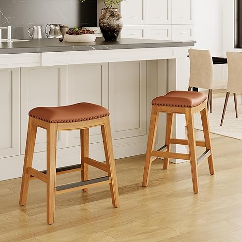 Miniatura 5 de DTY Indoor Living Durango - Taburete de cuero regenerado, taburete de mostrador de 24 pulgadas, acabado natural, asiento de cuero de silla