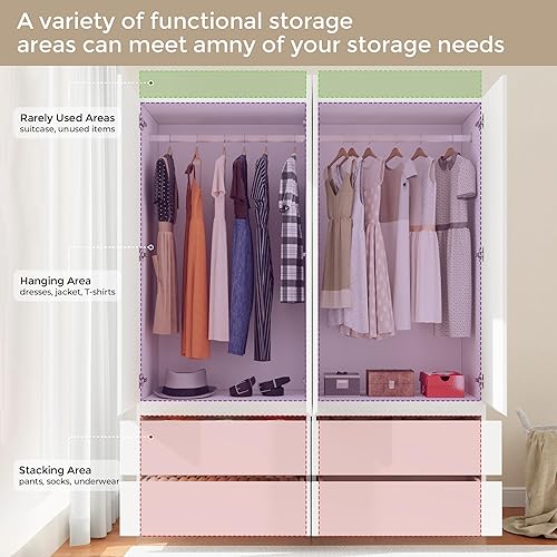 Miniatura 5 de Armario de madera con 2 puertas, armario de dormitorio de 79 pulgadas con 2 cajones, armario para ropa con barra para colgar y estantes, armarios