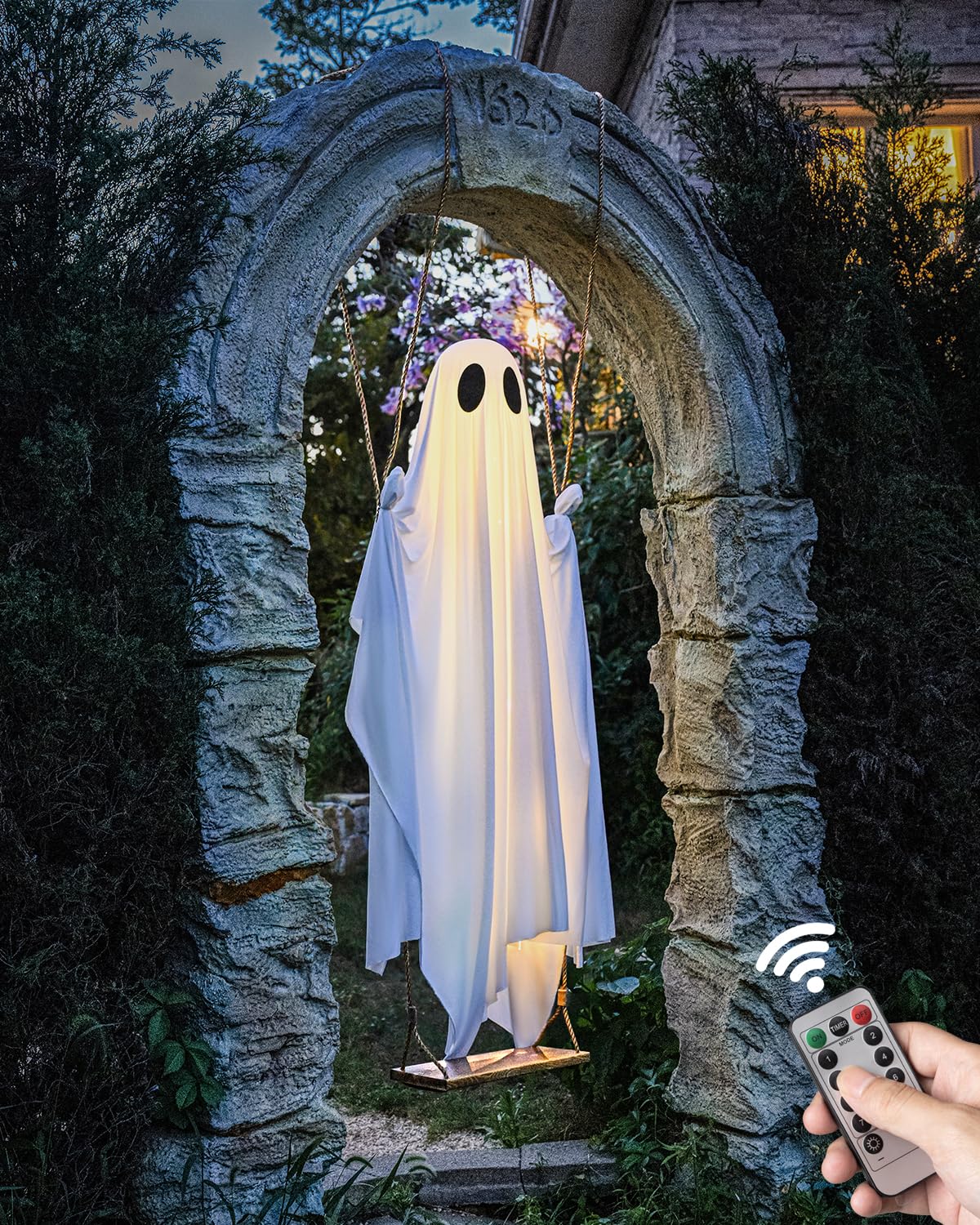 Dekoracje halloweenowe na zewnątrz, 15 m, wisząca huśtawka, duch, dekoracja halloweenowa z huśtawką i światłami sznurkowymi, łatwe w montażu, upiorne dekoracje ducha, na przedni, ganek, podwórko
